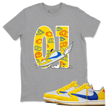 1s Travis Scott Canary shirt to match jordans Fly To The Clouds sneaker tees Air Jordan 1 Travis Scott Canary SNRT Sneaker Release Tees unisex cotton Heather Grey 1 crew neck shirt