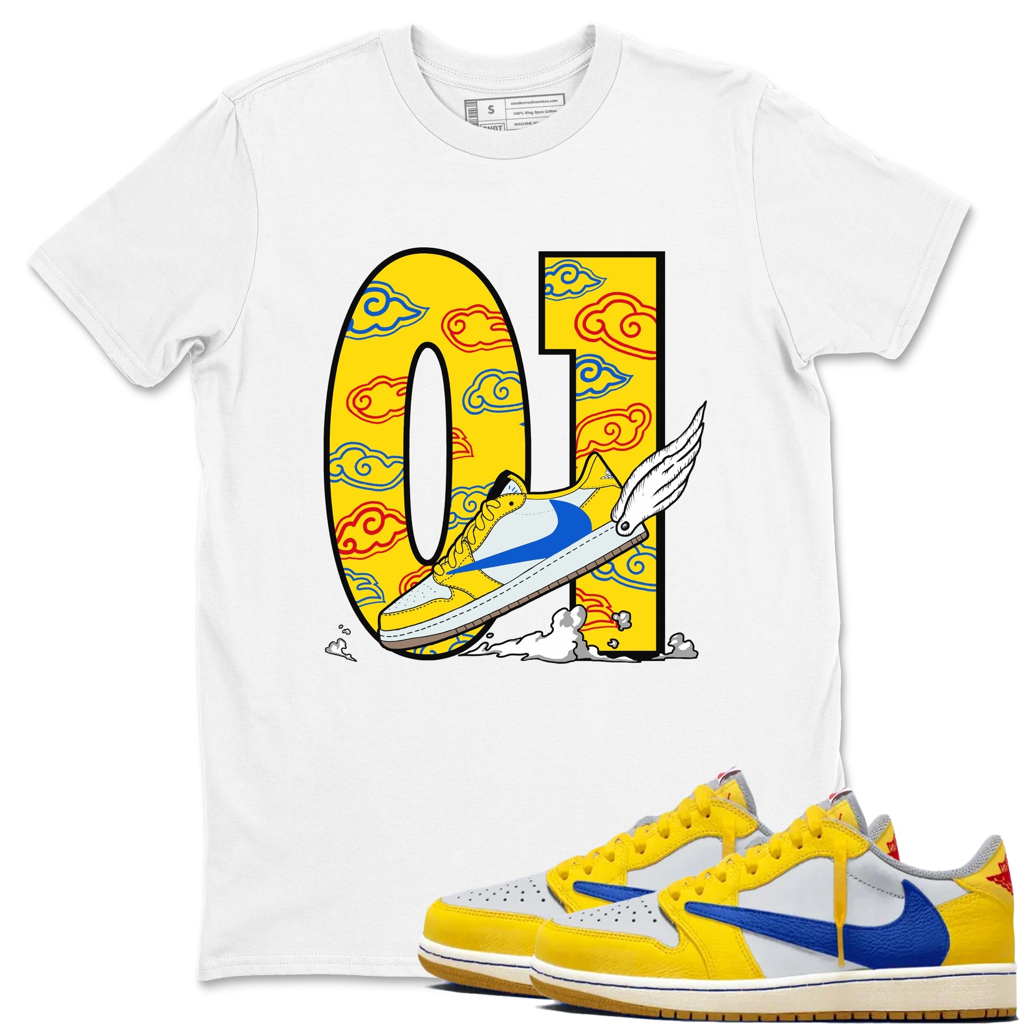 1s Travis Scott Canary shirt to match jordans Fly To The Clouds sneaker tees Air Jordan 1 Travis Scott Canary SNRT Sneaker Release Tees unisex cotton White 1 crew neck shirt