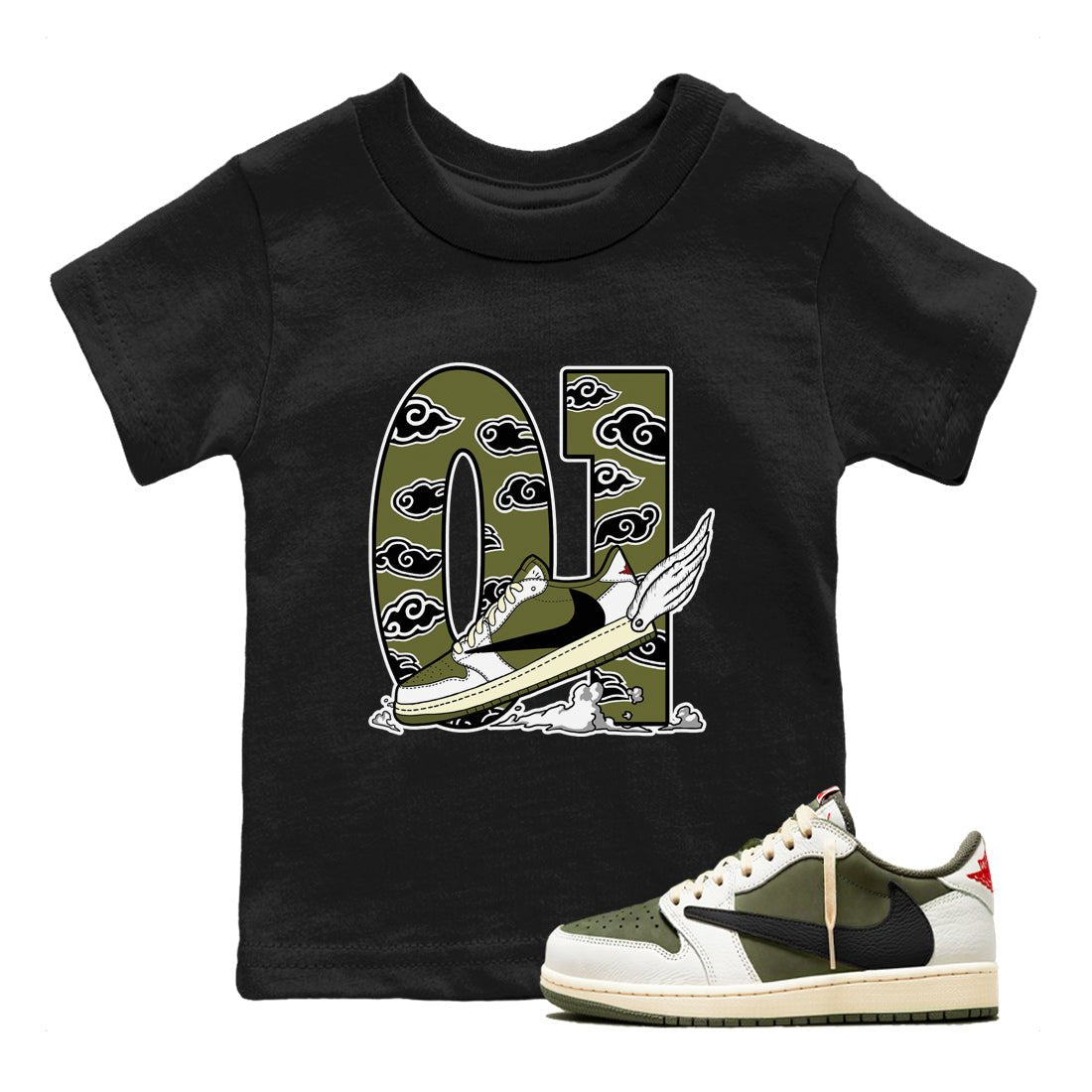 1s Travis Scott Medium Olive shirts to match jordans Fly To The Clouds sneaker match tees Air Jordan 1 Travis Scott Medium Olive match shoes to clothes SNRT Sneaker Tees Youth Baby Black 1 tee