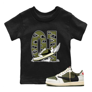 1s Travis Scott Medium Olive shirts to match jordans Fly To The Clouds sneaker match tees Air Jordan 1 Travis Scott Medium Olive match shoes to clothes SNRT Sneaker Tees Youth Baby Black 1 tee