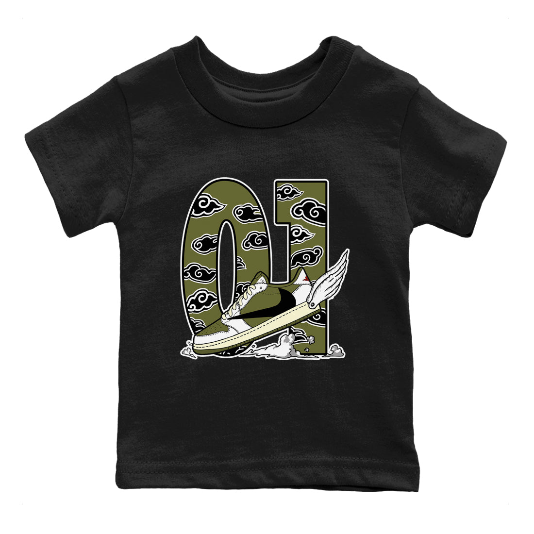 1s Travis Scott Medium Olive shirts to match jordans Fly To The Clouds sneaker match tees Air Jordan 1 Travis Scott Medium Olive match shoes to clothes SNRT Sneaker Tees Youth Baby Black 2 tee