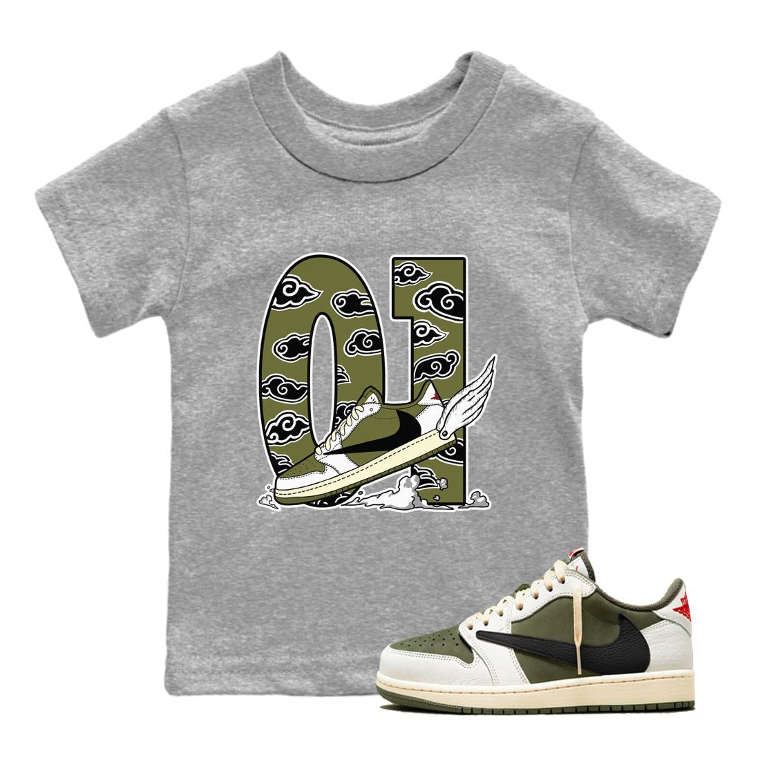 1s Travis Scott Medium Olive shirts to match jordans Fly To The Clouds sneaker match tees Air Jordan 1 Travis Scott Medium Olive match shoes to clothes SNRT Sneaker Tees Youth Baby Heather Grey 1 tee