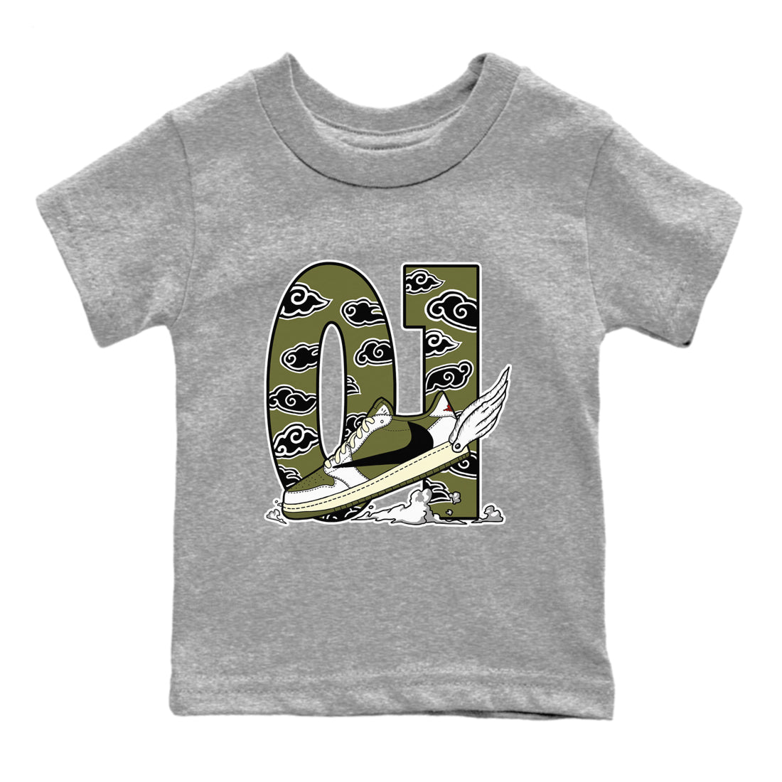 1s Travis Scott Medium Olive shirts to match jordans Fly To The Clouds sneaker match tees Air Jordan 1 Travis Scott Medium Olive match shoes to clothes SNRT Sneaker Tees Youth Baby Heather Grey 2 tee