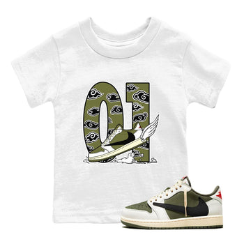 1s Travis Scott Medium Olive shirts to match jordans Fly To The Clouds sneaker match tees Air Jordan 1 Travis Scott Medium Olive match shoes to clothes SNRT Sneaker Tees Youth Baby White 1 tee