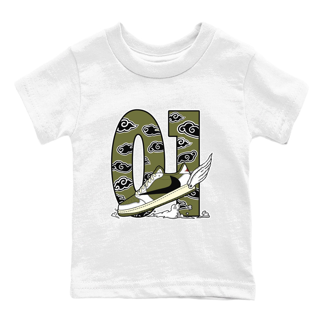 1s Travis Scott Medium Olive shirts to match jordans Fly To The Clouds sneaker match tees Air Jordan 1 Travis Scott Medium Olive match shoes to clothes SNRT Sneaker Tees Youth Baby White 2 tee