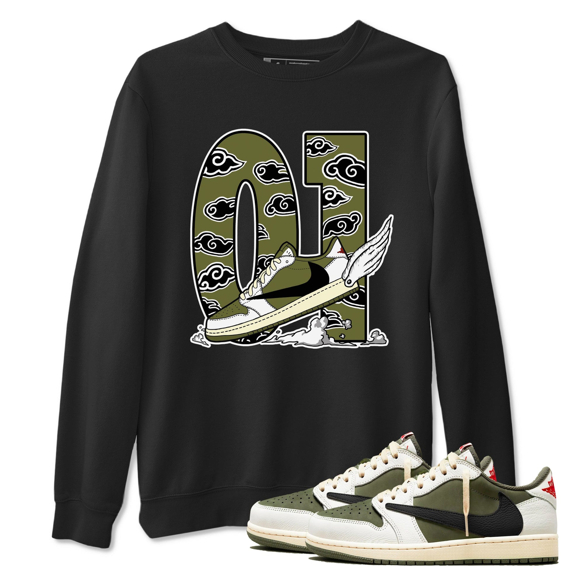 1s Travis Scott Medium Olive shirts to match jordans Fly To The Clouds sneaker match tees Air Jordan 1 Travis Scott Medium Olive match shoes to clothes SNRT Sneaker Tees unisex cotton Black 1 shirts