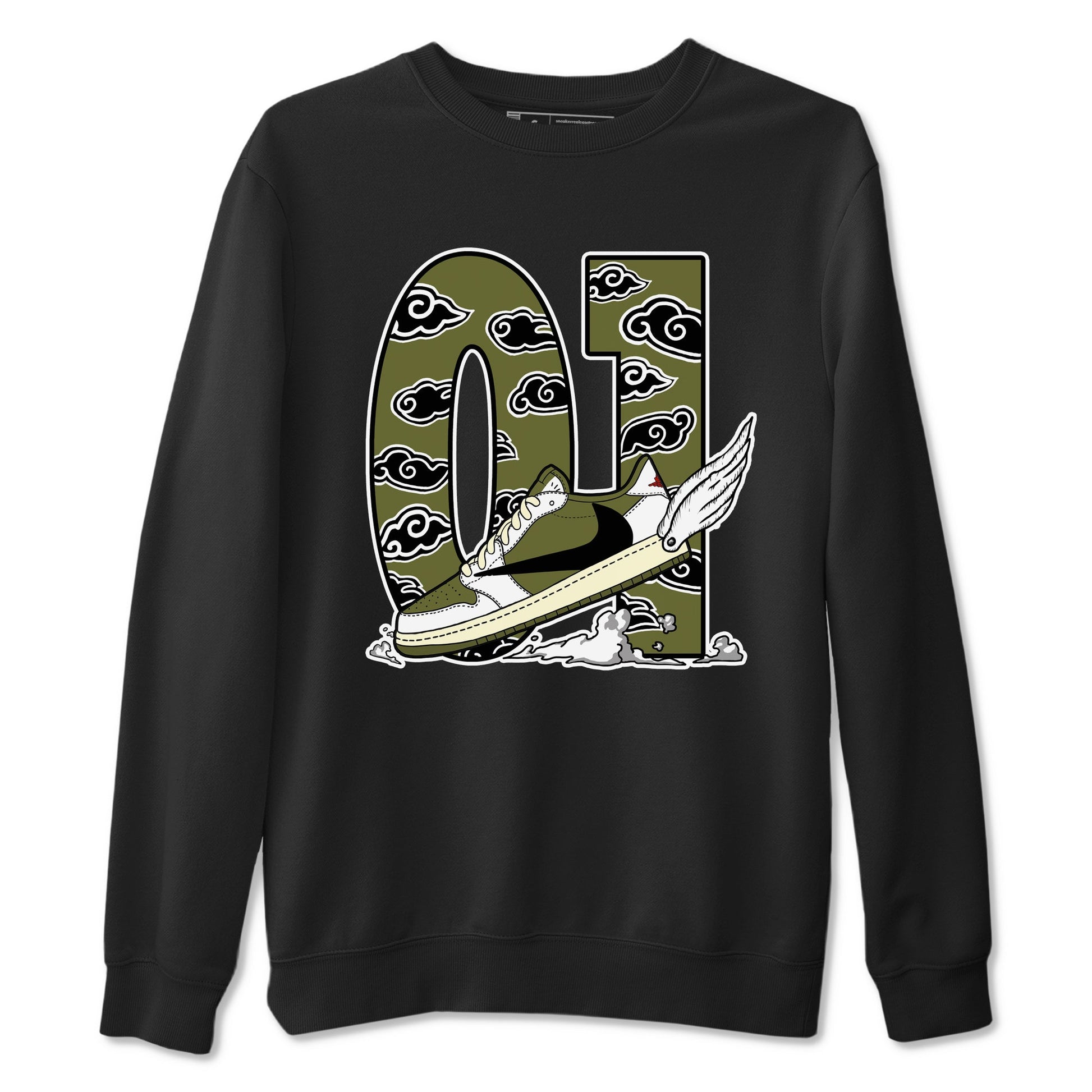 1s Travis Scott Medium Olive shirts to match jordans Fly To The Clouds sneaker match tees Air Jordan 1 Travis Scott Medium Olive match shoes to clothes SNRT Sneaker Tees unisex cotton Black 2 shirts