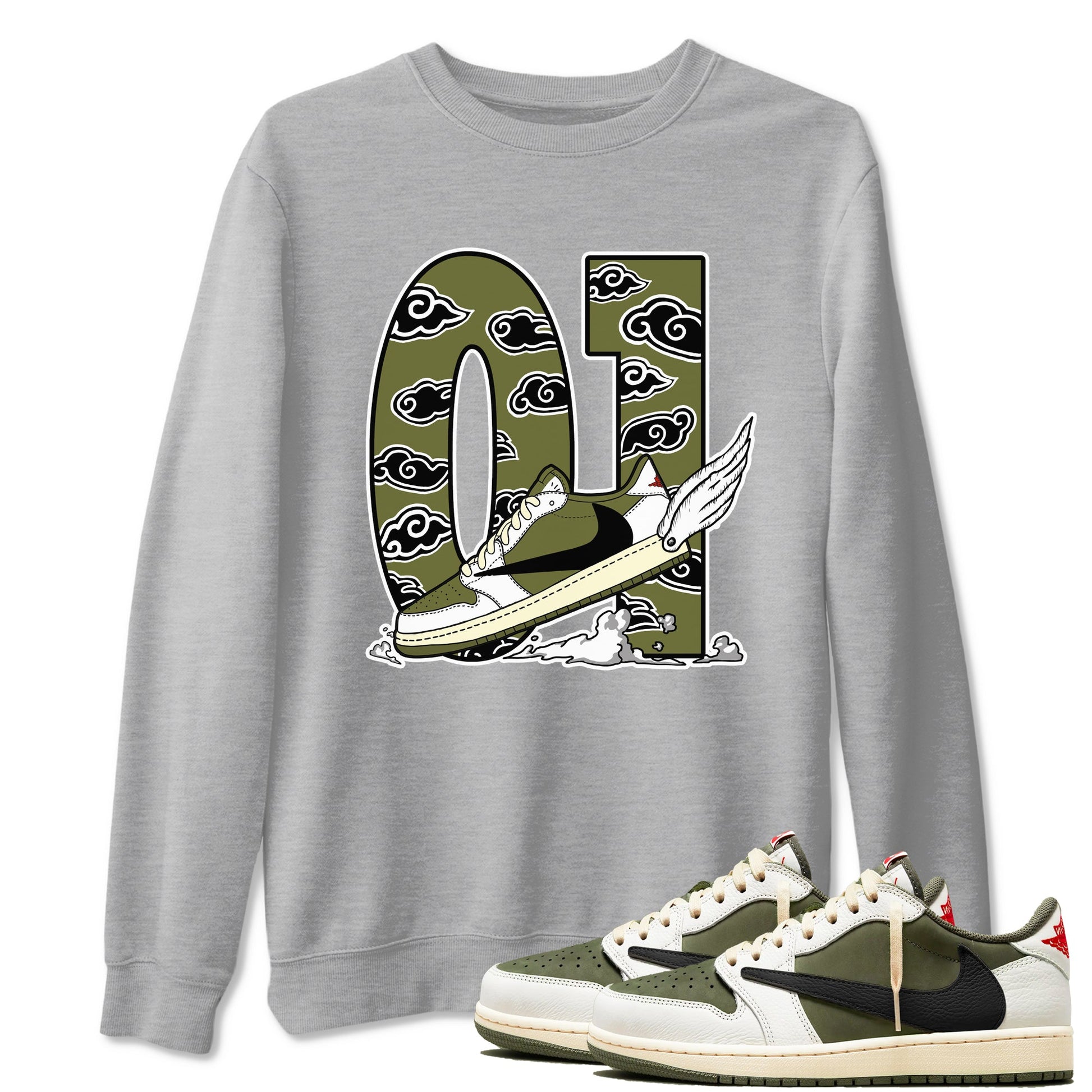 1s Travis Scott Medium Olive shirts to match jordans Fly To The Clouds sneaker match tees Air Jordan 1 Travis Scott Medium Olive match shoes to clothes SNRT Sneaker Tees unisex cotton Heather Grey 1 shirts