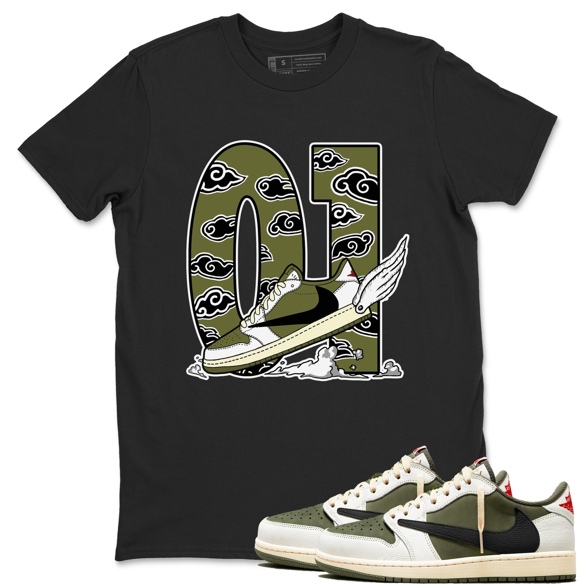 1s Travis Scott Medium Olive shirts to match jordans Fly To The Clouds sneaker match tees Air Jordan 1 Travis Scott Medium Olive match shoes to clothes SNRT Sneaker Tees unisex cotton Black 1 shirts