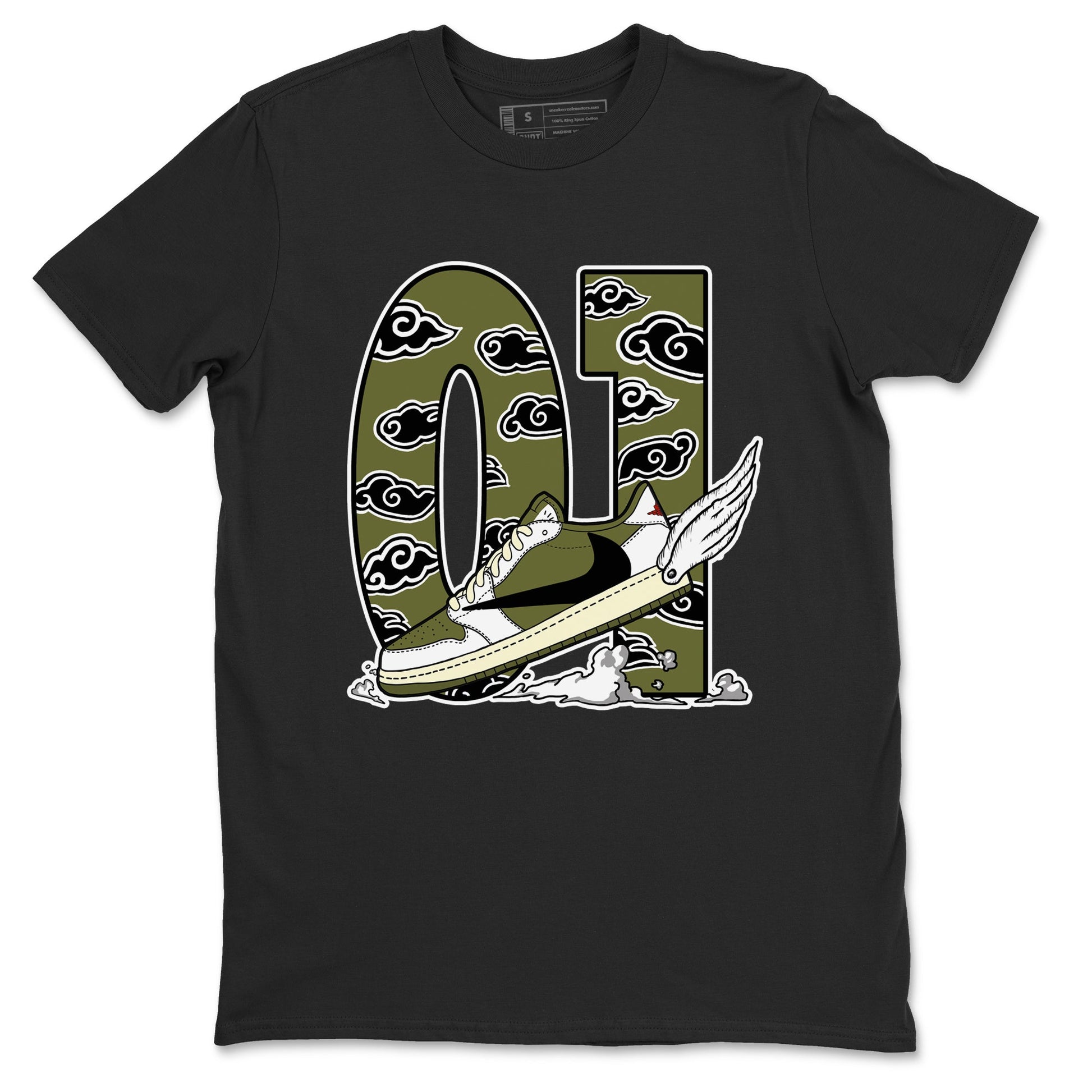 1s Travis Scott Medium Olive shirts to match jordans Fly To The Clouds sneaker match tees Air Jordan 1 Travis Scott Medium Olive match shoes to clothes SNRT Sneaker Tees unisex cotton Black 2 shirts