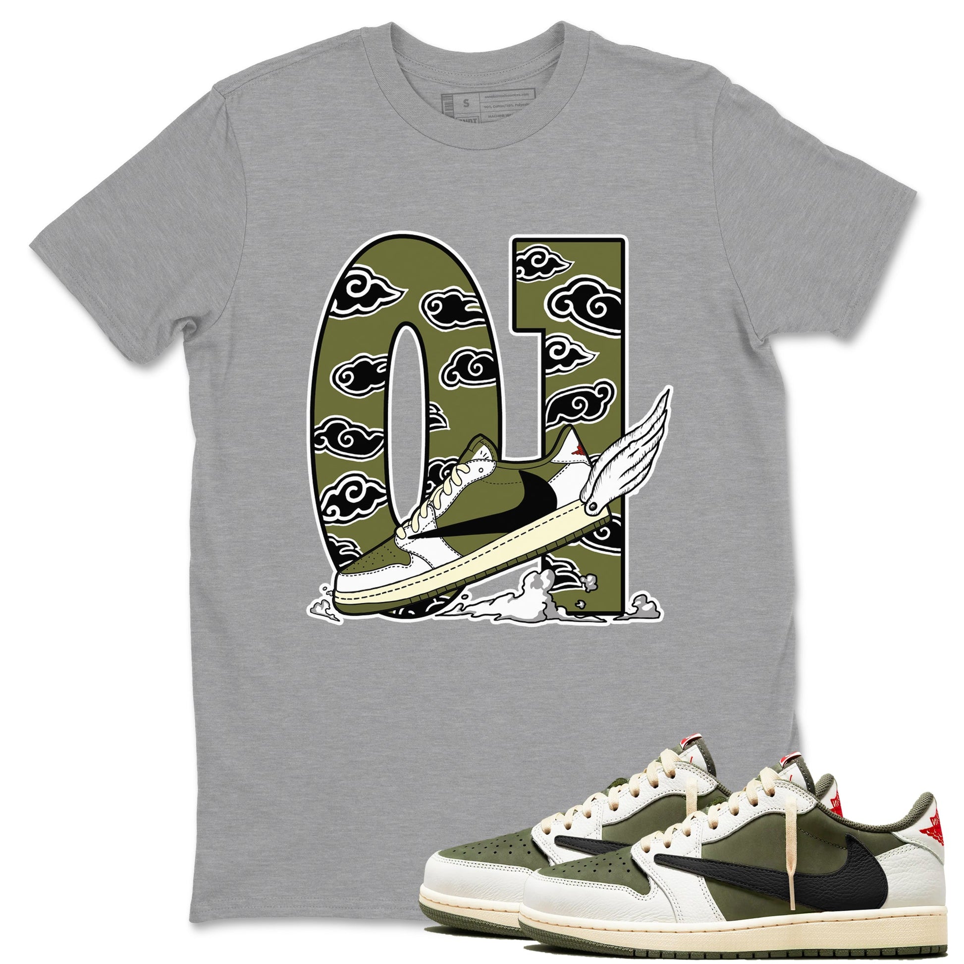 1s Travis Scott Medium Olive shirts to match jordans Fly To The Clouds sneaker match tees Air Jordan 1 Travis Scott Medium Olive match shoes to clothes SNRT Sneaker Tees unisex cotton Heather Grey 1 shirts