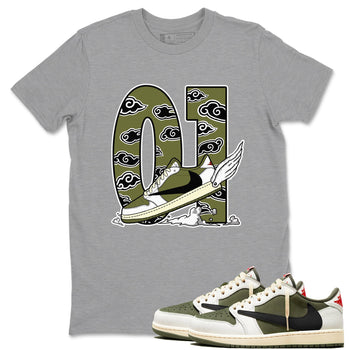 1s Travis Scott Medium Olive shirts to match jordans Fly To The Clouds sneaker match tees Air Jordan 1 Travis Scott Medium Olive match shoes to clothes SNRT Sneaker Tees unisex cotton Heather Grey 1 shirts