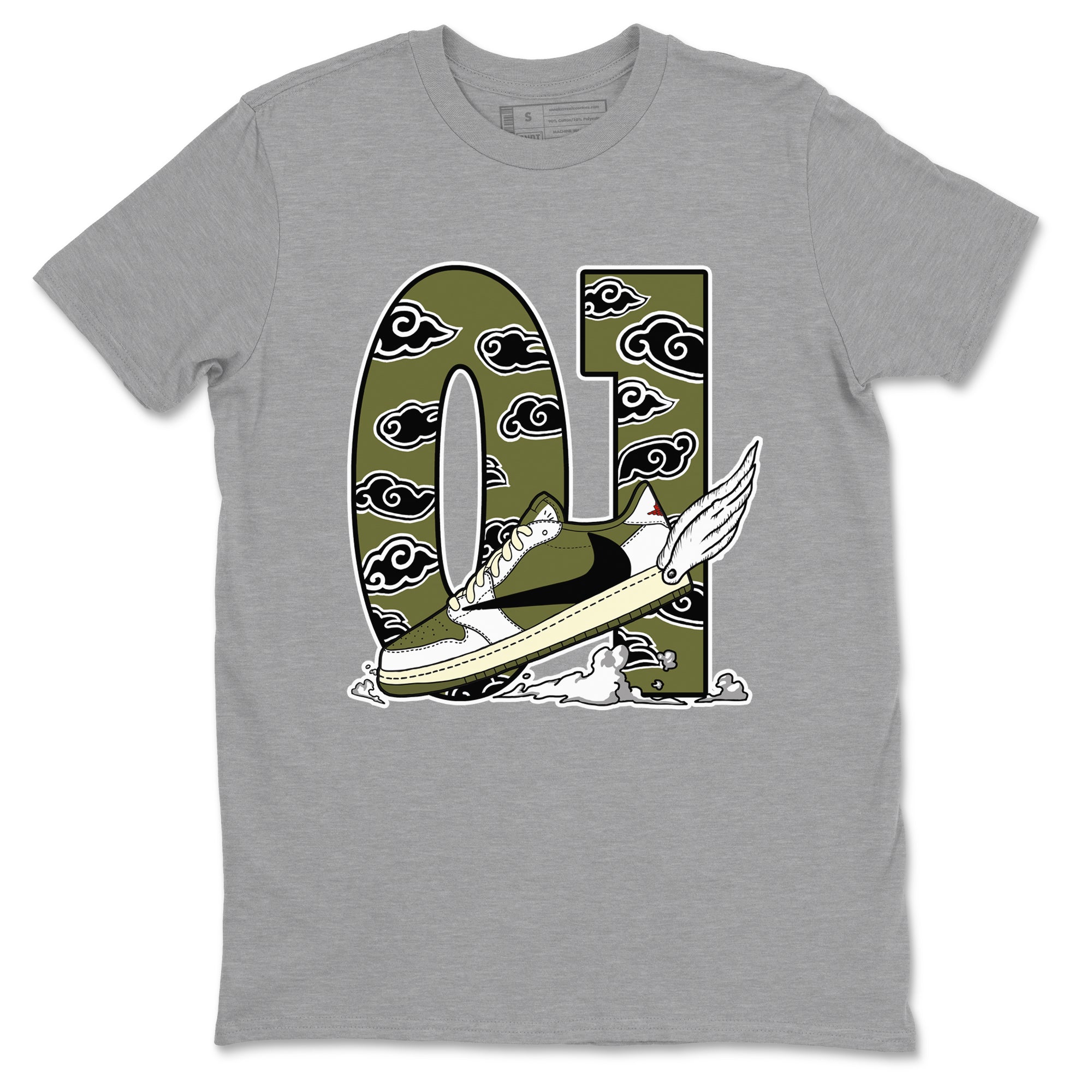 1s Travis Scott Medium Olive shirts to match jordans Fly To The Clouds sneaker match tees Air Jordan 1 Travis Scott Medium Olive match shoes to clothes SNRT Sneaker Tees unisex cotton Heather Grey 2 shirts