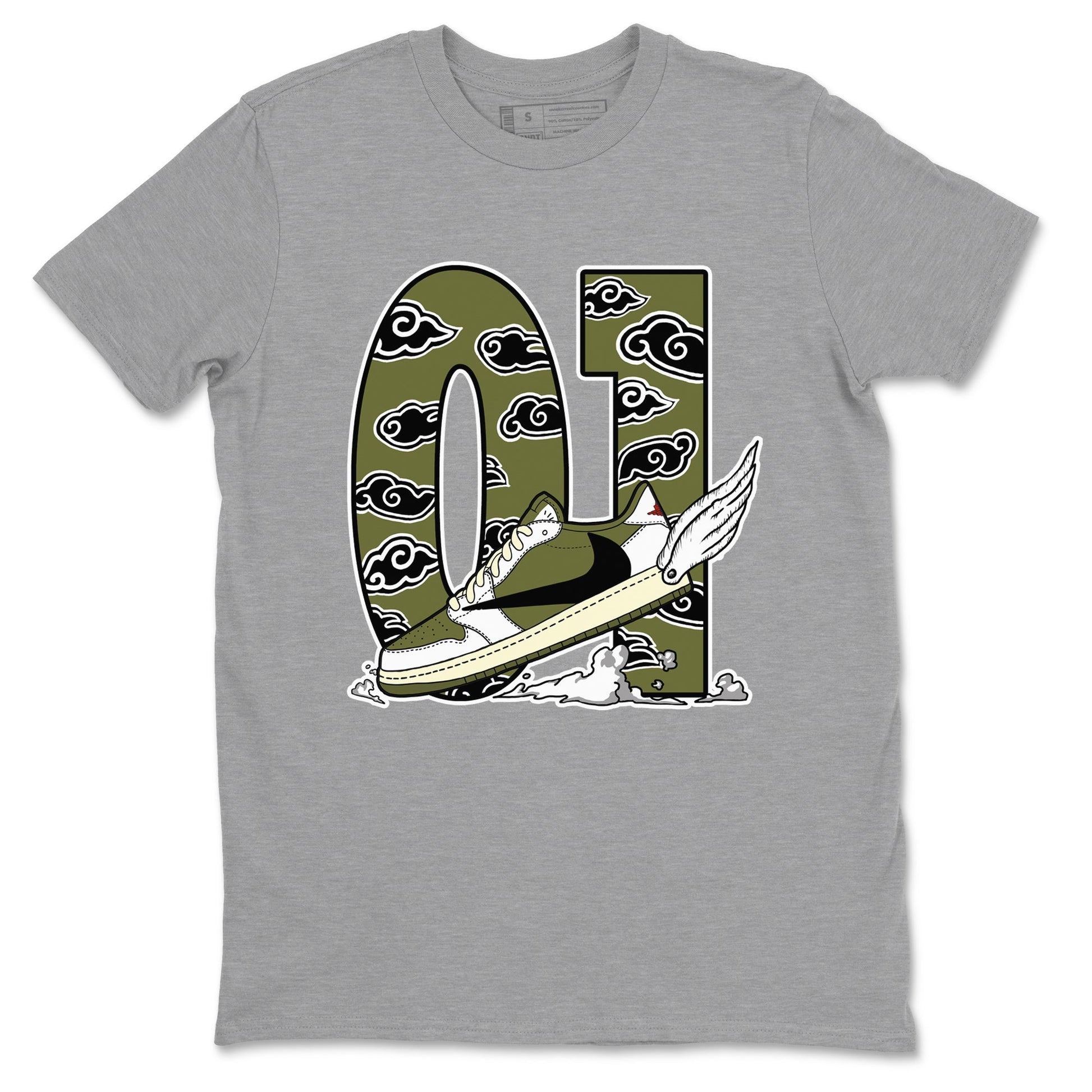 1s Travis Scott Medium Olive shirts to match jordans Fly To The Clouds sneaker match tees Air Jordan 1 Travis Scott Medium Olive match shoes to clothes SNRT Sneaker Tees unisex cotton Heather Grey 2 shirts
