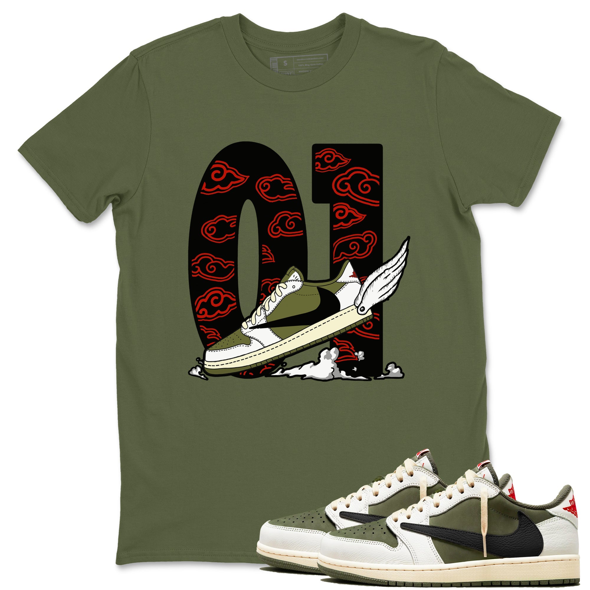 1s Travis Scott Medium Olive shirts to match jordans Fly To The Clouds sneaker match tees Air Jordan 1 Travis Scott Medium Olive match shoes to clothes SNRT Sneaker Tees unisex cotton Military Green 1 shirts