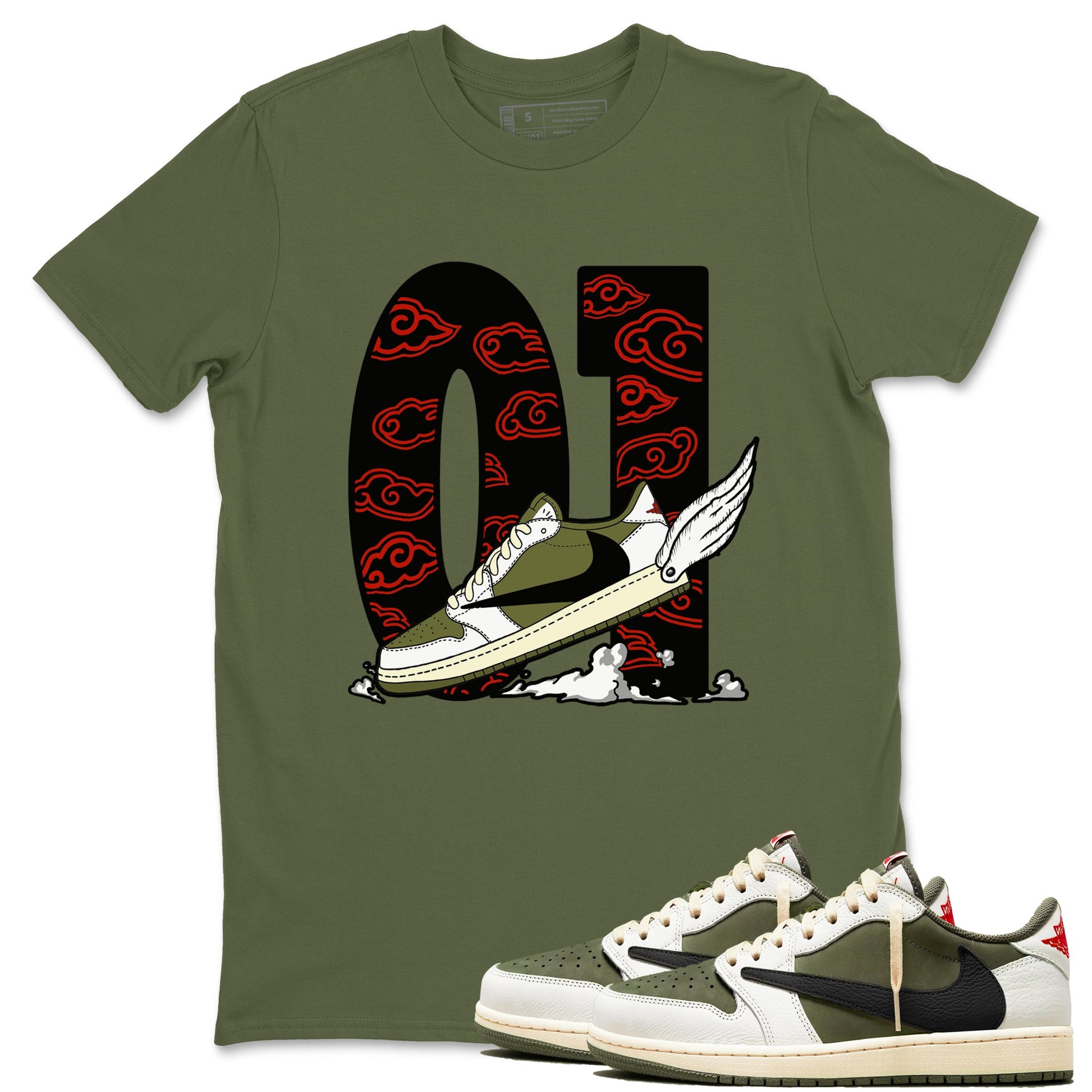 1s Travis Scott Medium Olive shirts to match jordans Fly To The Clouds sneaker match tees Air Jordan 1 Travis Scott Medium Olive match shoes to clothes SNRT Sneaker Tees unisex cotton Military Green 1 shirts