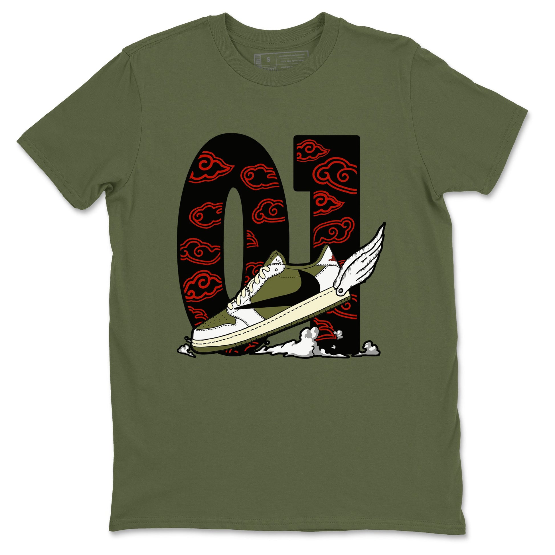 1s Travis Scott Medium Olive shirts to match jordans Fly To The Clouds sneaker match tees Air Jordan 1 Travis Scott Medium Olive match shoes to clothes SNRT Sneaker Tees unisex cotton Military Green 2 shirts