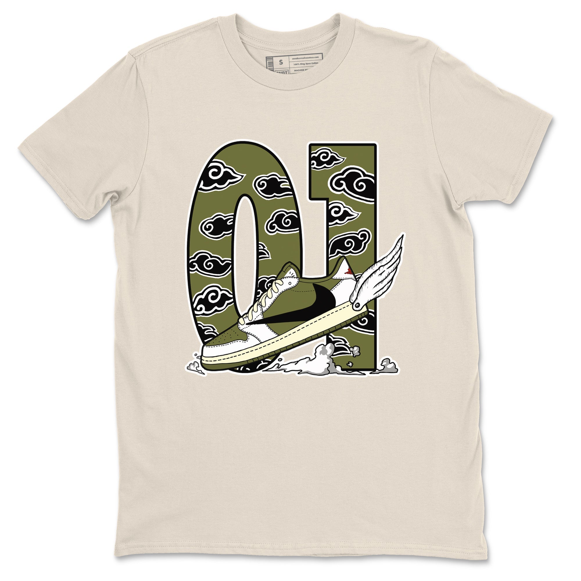 1s Travis Scott Medium Olive shirts to match jordans Fly To The Clouds sneaker match tees Air Jordan 1 Travis Scott Medium Olive match shoes to clothes SNRT Sneaker Tees unisex cotton Natural 2 shirts