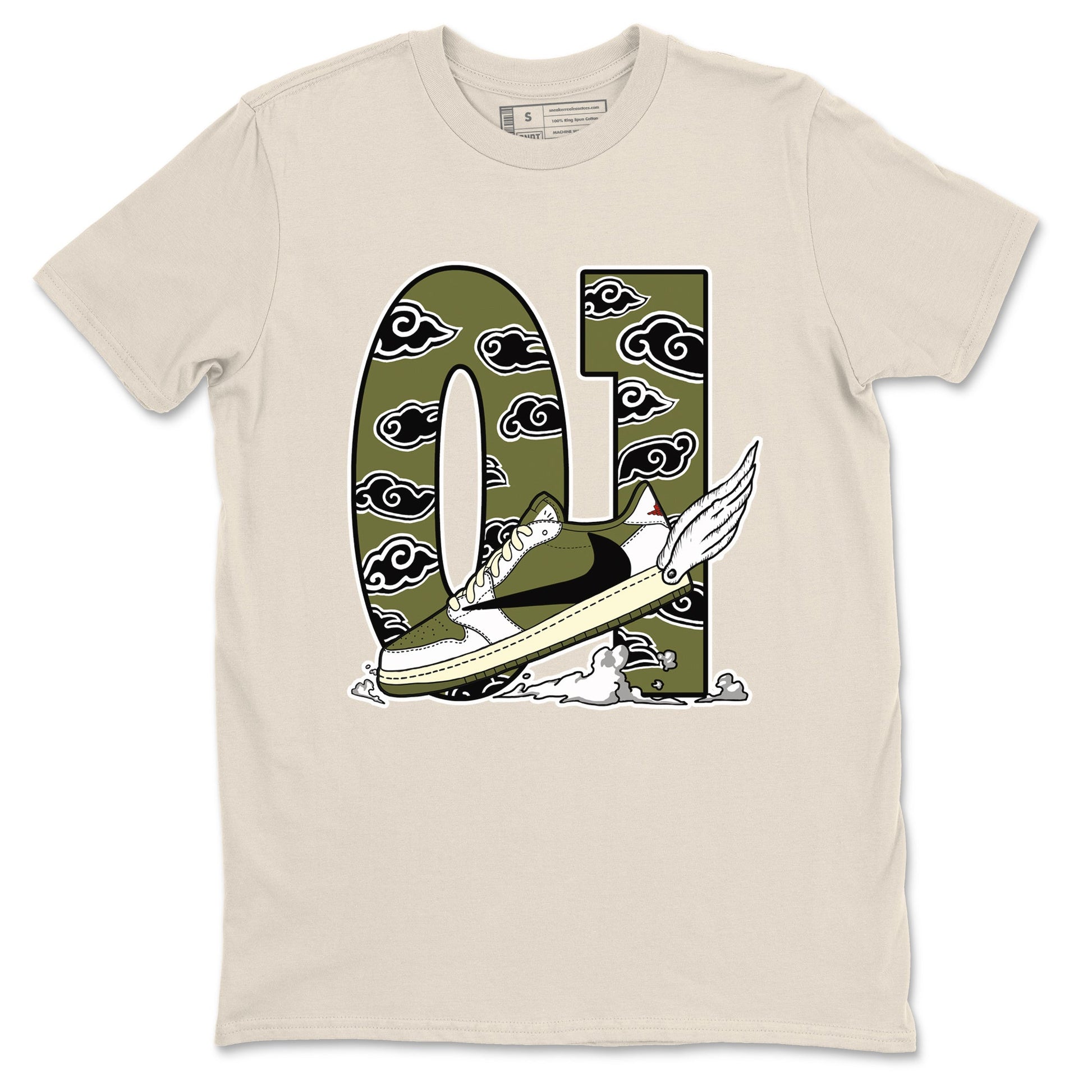 1s Travis Scott Medium Olive shirts to match jordans Fly To The Clouds sneaker match tees Air Jordan 1 Travis Scott Medium Olive match shoes to clothes SNRT Sneaker Tees unisex cotton Natural 2 shirts