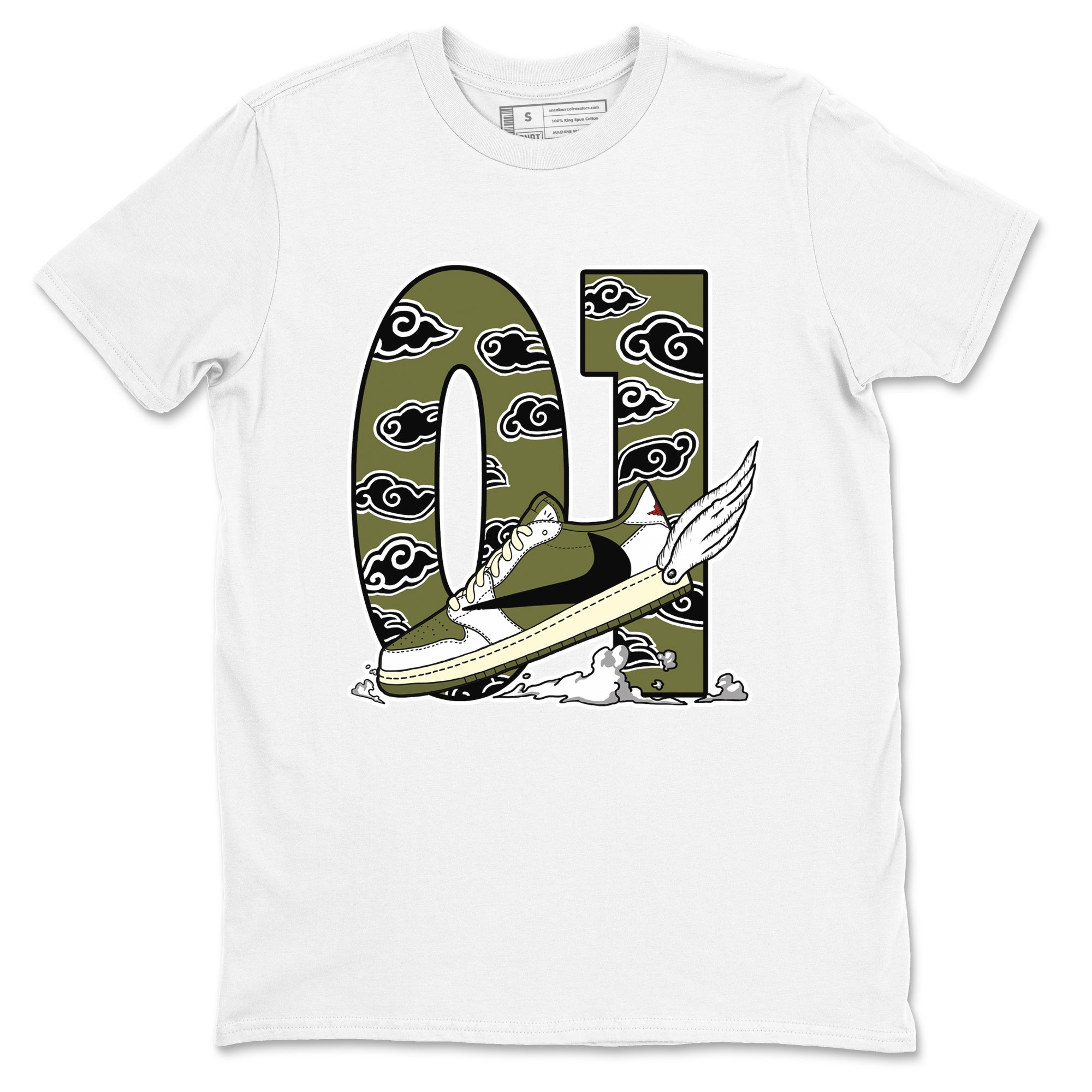 1s Travis Scott Medium Olive shirts to match jordans Fly To The Clouds sneaker match tees Air Jordan 1 Travis Scott Medium Olive match shoes to clothes SNRT Sneaker Tees unisex cotton White 2 shirts