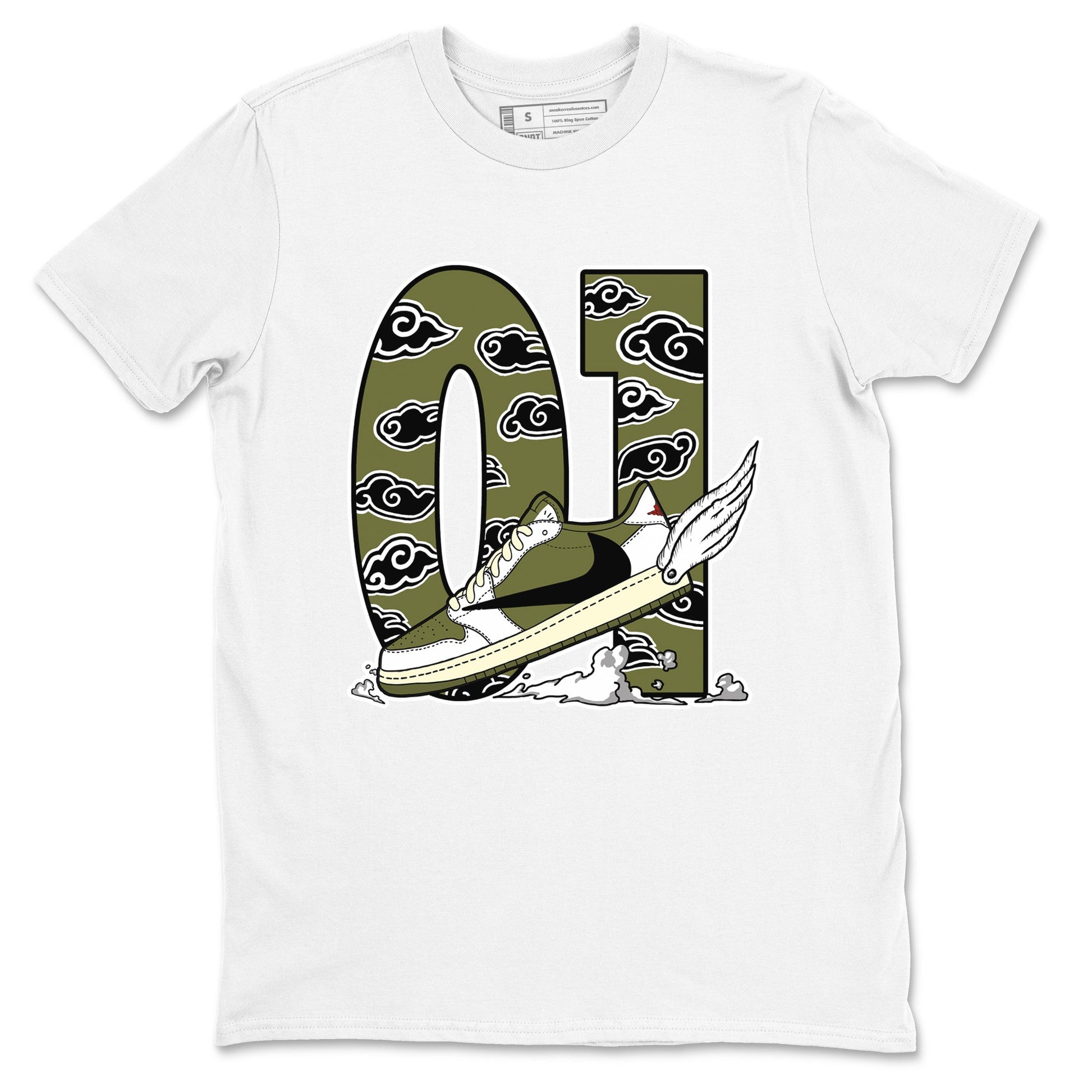 1s Travis Scott Medium Olive shirts to match jordans Fly To The Clouds sneaker match tees Air Jordan 1 Travis Scott Medium Olive match shoes to clothes SNRT Sneaker Tees unisex cotton White 2 shirts