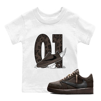 AJ1 Travis Scott Velvet Brown and Dark Mocha shirts to match jordans Fly To The Clouds sneaker match tees 1s Travis Scott Velvet Brown match shoes to clothes SNRT Sneaker Tees Youth Baby White 1 tee