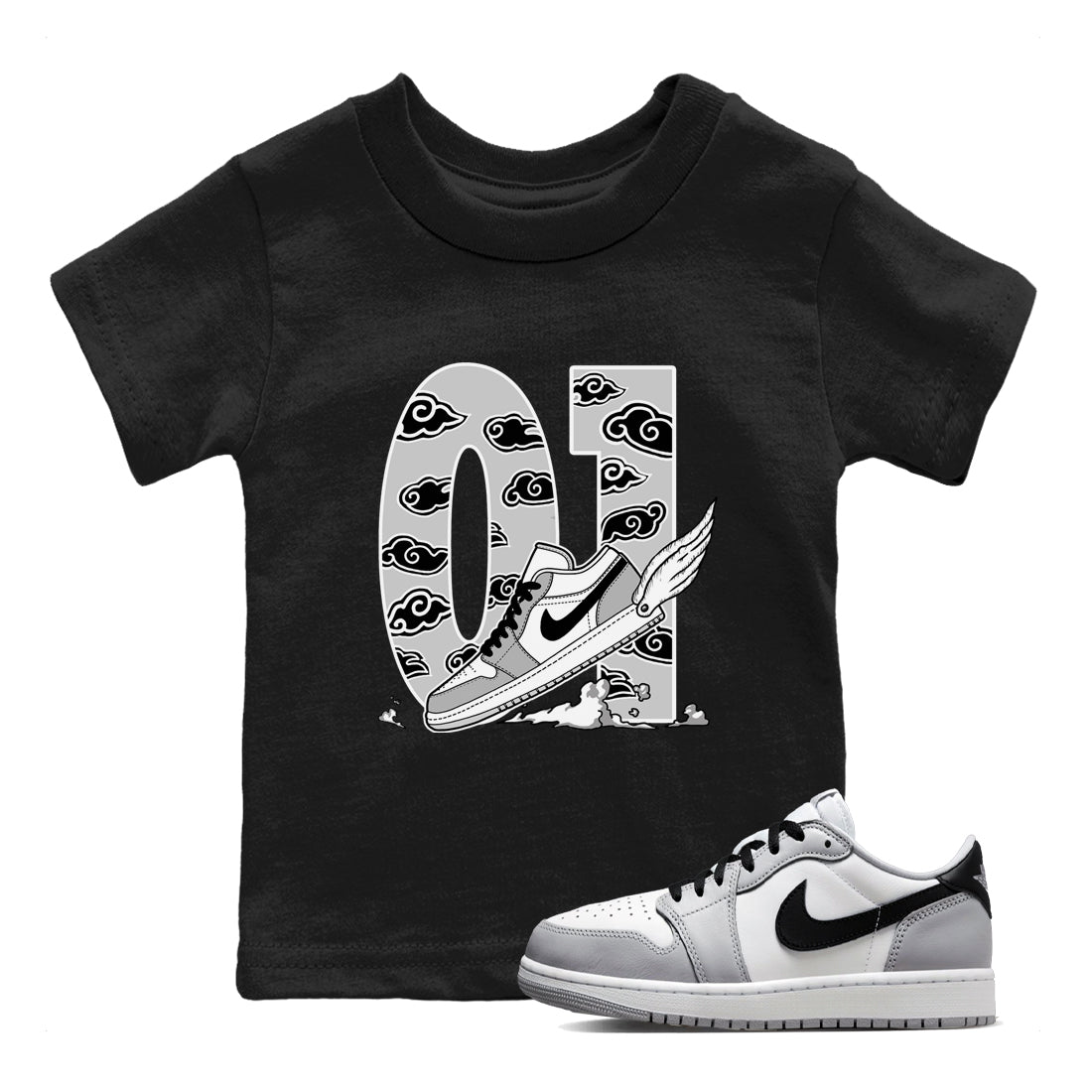 1s Wolf Grey shirts to match jordans Fly To The Clouds sneaker match tees Air Jordan 1 Wolf Grey SNRT Sneaker Tees streetwear brand Baby and Youth Black 1 cotton tee