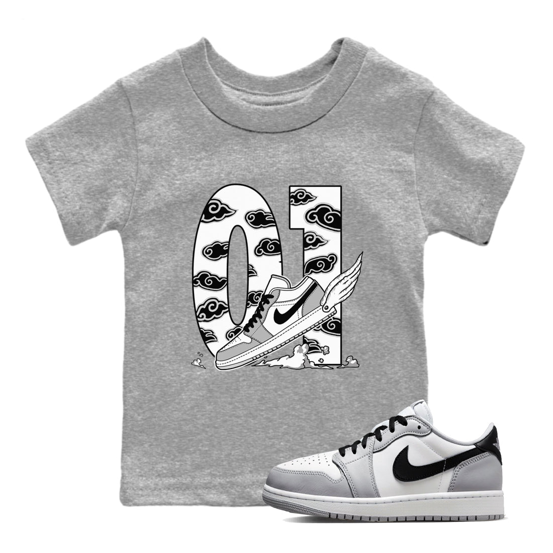 1s Wolf Grey shirts to match jordans Fly To The Clouds sneaker match tees Air Jordan 1 Wolf Grey SNRT Sneaker Tees streetwear brand Baby and Youth Heather Grey 1 cotton tee