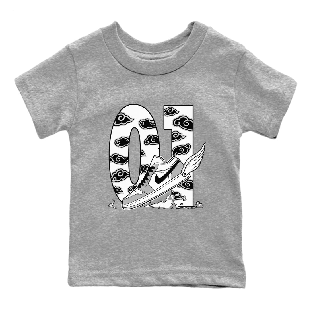 1s Wolf Grey shirts to match jordans Fly To The Clouds sneaker match tees Air Jordan 1 Wolf Grey SNRT Sneaker Tees streetwear brand Baby and Youth Heather Grey 2 cotton tee