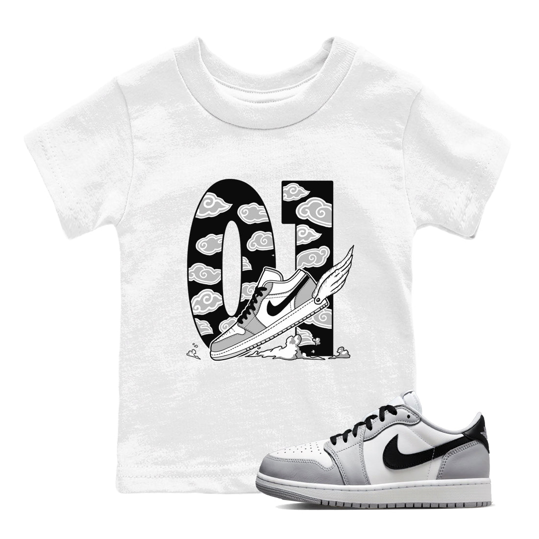 1s Wolf Grey shirts to match jordans Fly To The Clouds sneaker match tees Air Jordan 1 Wolf Grey SNRT Sneaker Tees streetwear brand Baby and Youth White 1 cotton tee