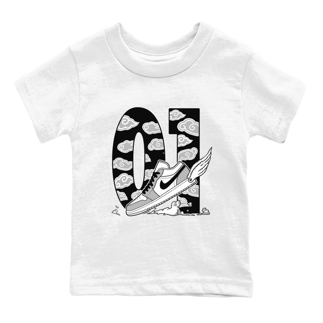 1s Wolf Grey shirts to match jordans Fly To The Clouds sneaker match tees Air Jordan 1 Wolf Grey SNRT Sneaker Tees streetwear brand Baby and Youth White 2 cotton tee