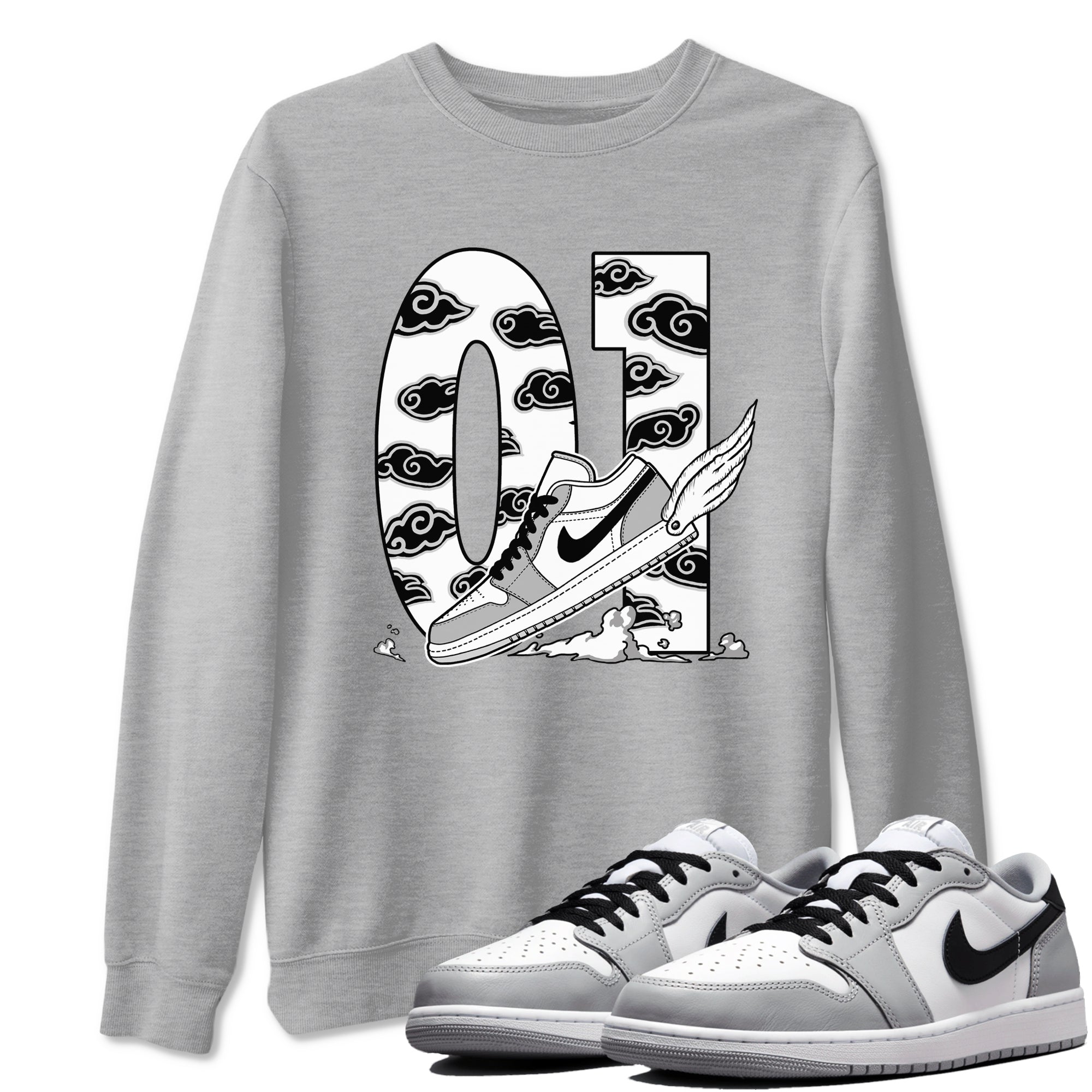 1s Wolf Grey shirts to match jordans Fly To The Clouds sneaker match tees Air Jordan 1 Wolf Grey SNRT Sneaker Tees streetwear brand Heather Grey 1 unisex cotton tee
