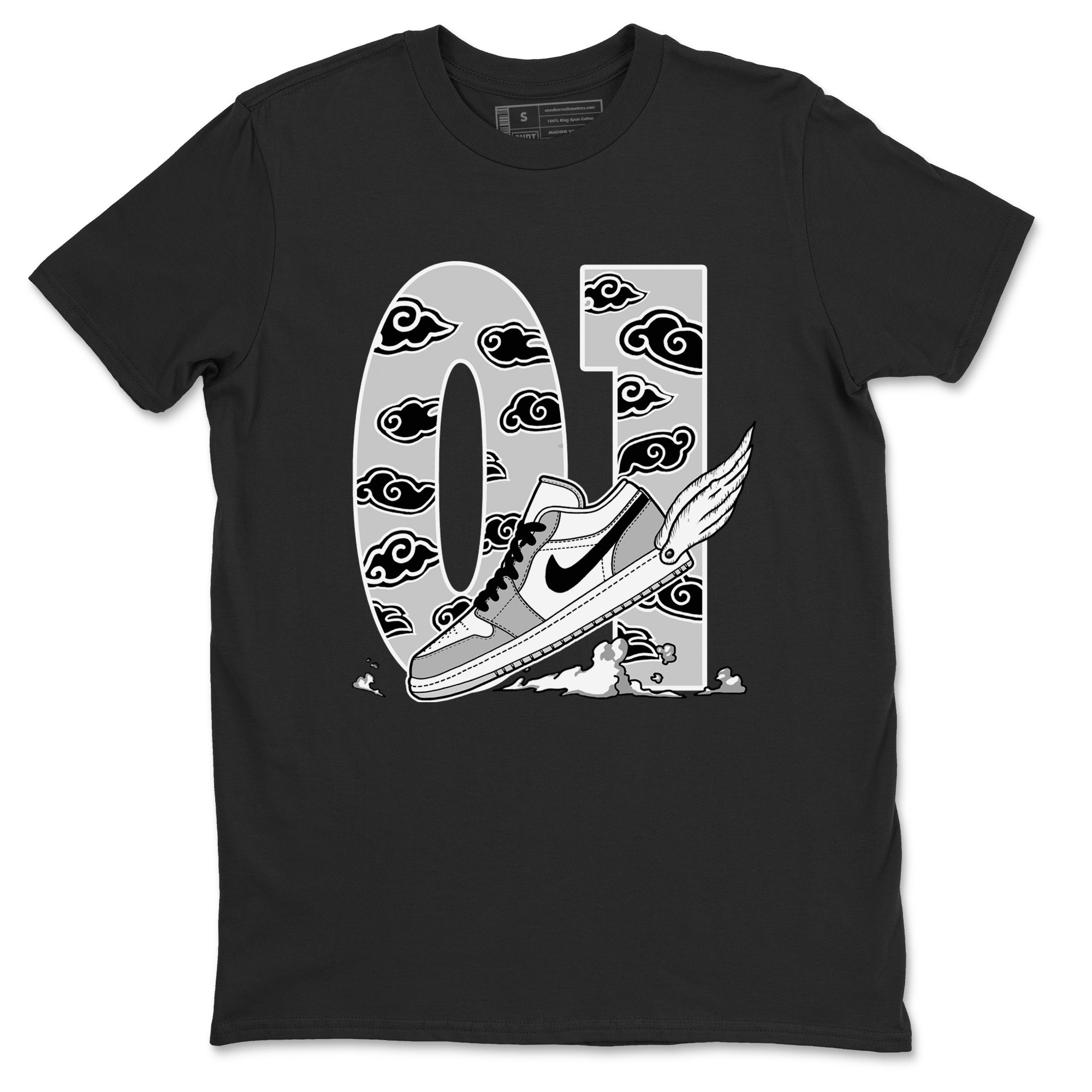 1s Wolf Grey shirts to match jordans Fly To The Clouds sneaker match tees Air Jordan 1 Wolf Grey SNRT Sneaker Tees streetwear brand Black 2 unisex cotton tee