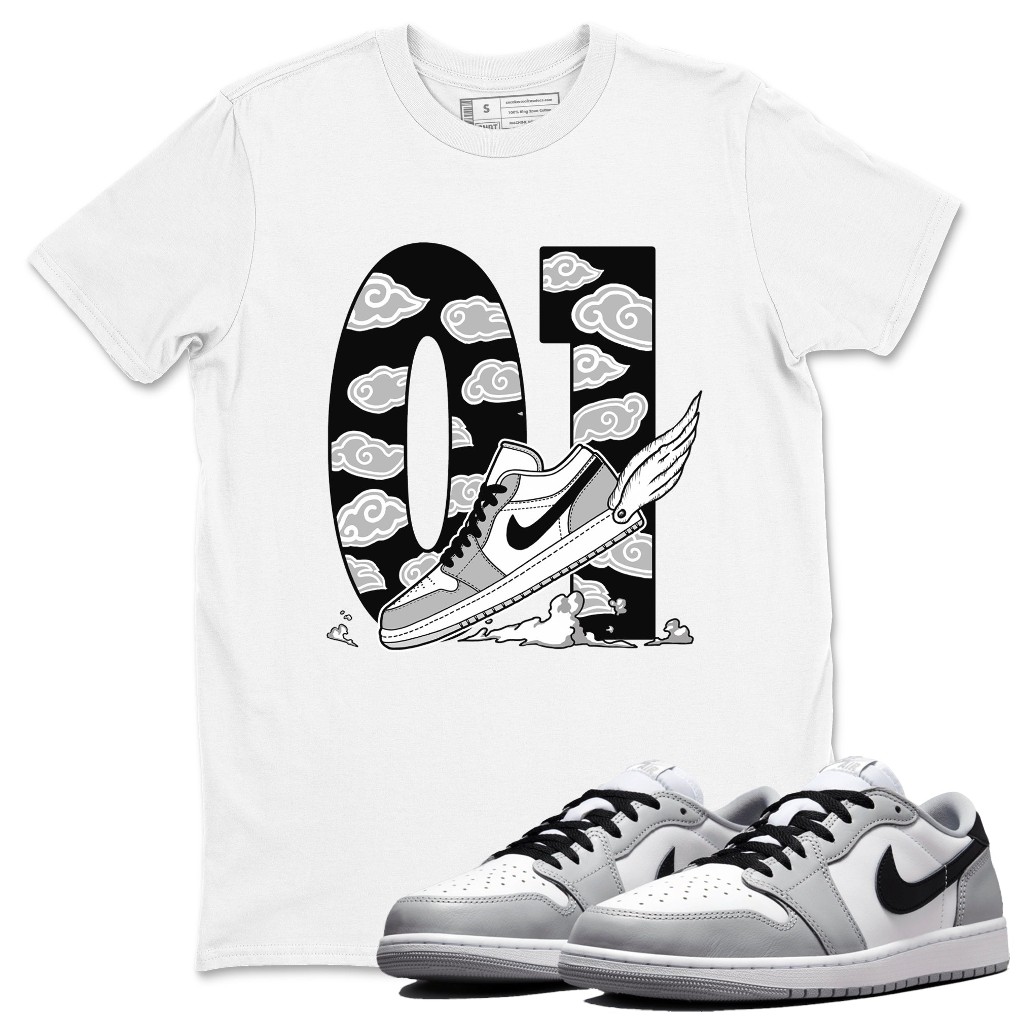 1s Wolf Grey shirts to match jordans Fly To The Clouds sneaker match tees Air Jordan 1 Wolf Grey SNRT Sneaker Tees streetwear brand White 1 unisex cotton tee
