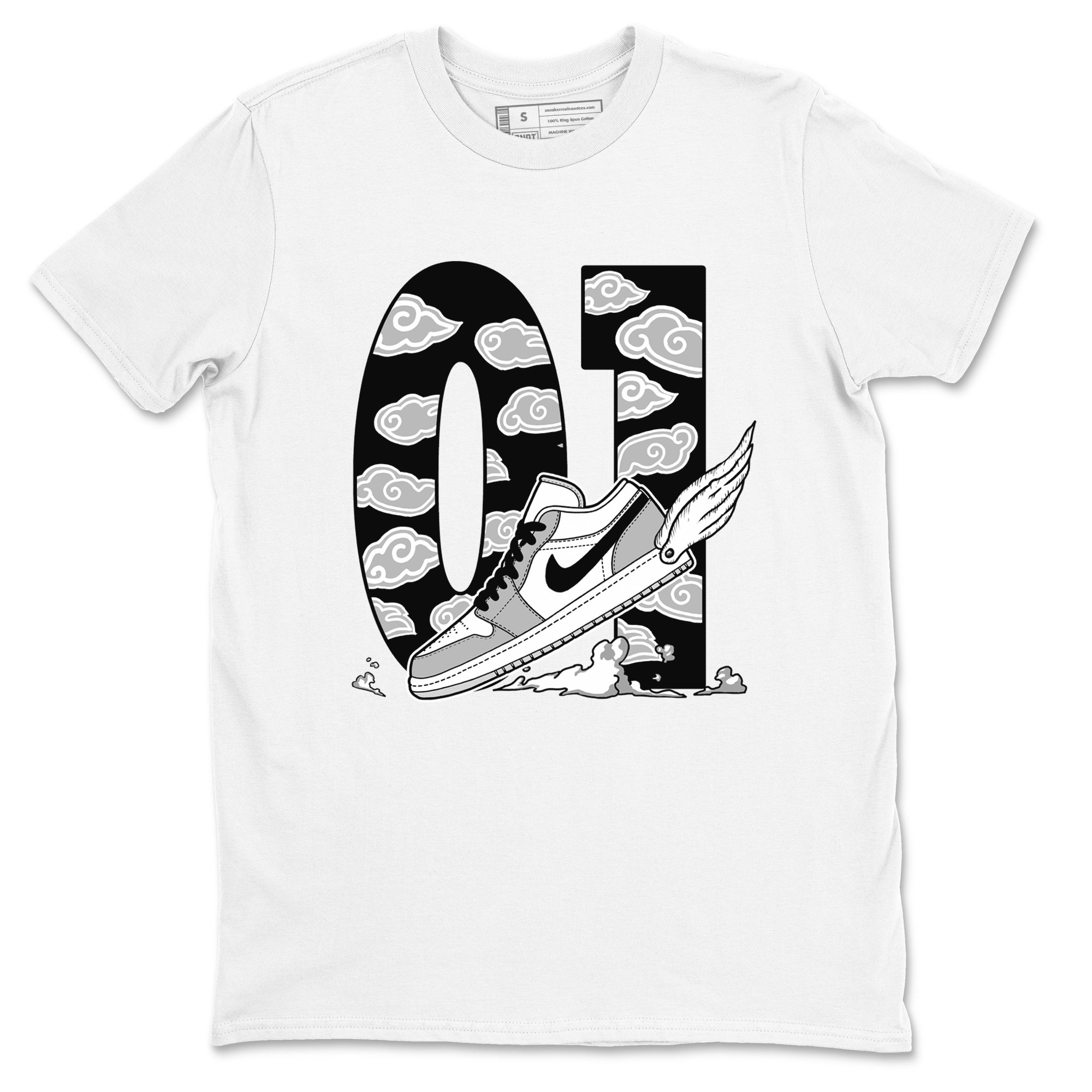 1s Wolf Grey shirts to match jordans Fly To The Clouds sneaker match tees Air Jordan 1 Wolf Grey SNRT Sneaker Tees streetwear brand White 2 unisex cotton tee