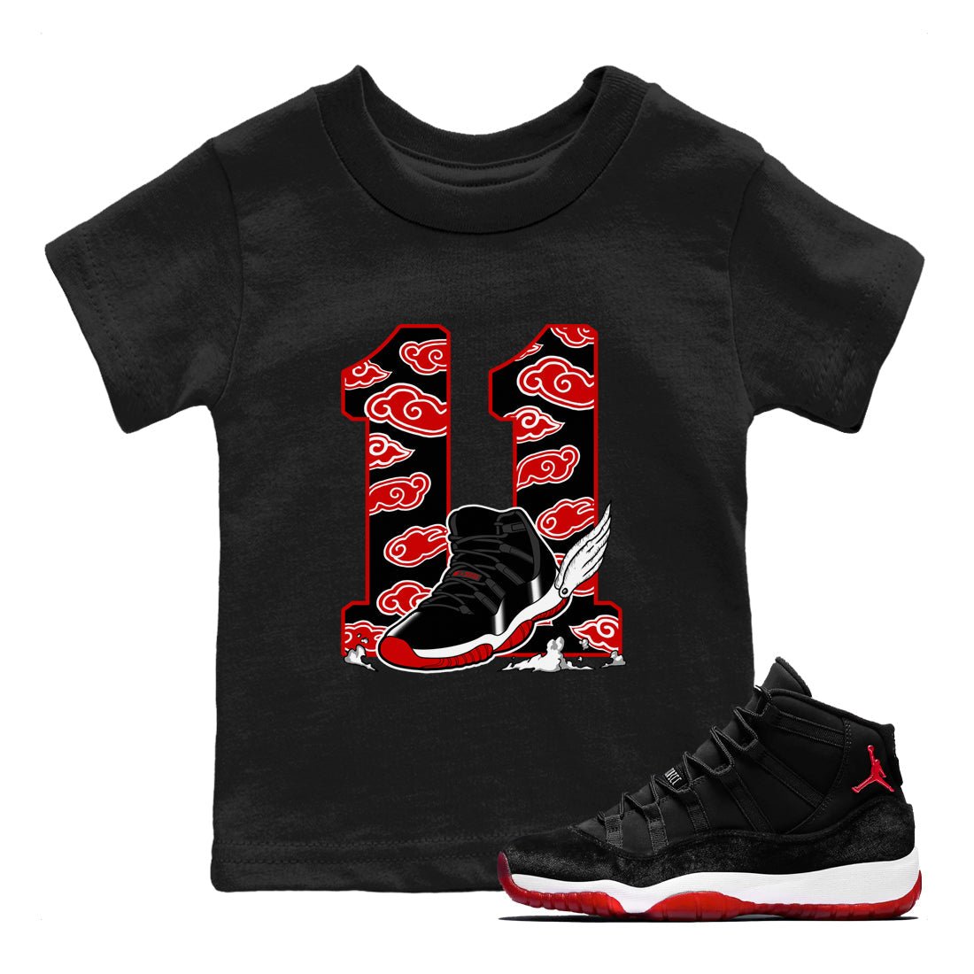 11s Bred Velvet shirts to match jordans Fly To The Clouds sneaker match tees Air Jordan 11 Retro Bred Velvet match shoes to clothes SNRT Sneaker Tees Youth Baby Black 1 tee
