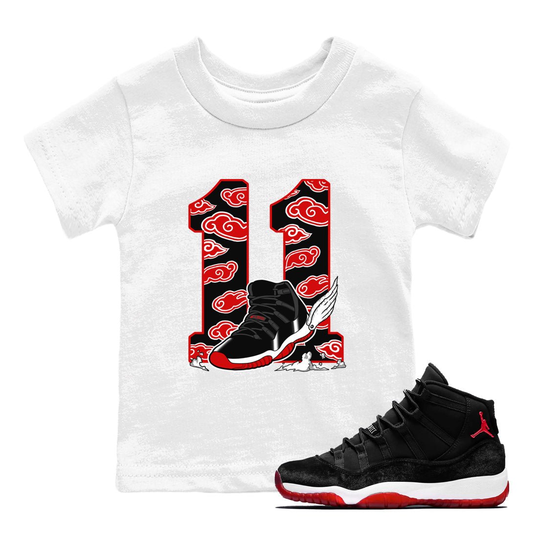 11s Bred Velvet shirts to match jordans Fly To The Clouds sneaker match tees Air Jordan 11 Retro Bred Velvet match shoes to clothes SNRT Sneaker Tees Youth Baby White 1 tee