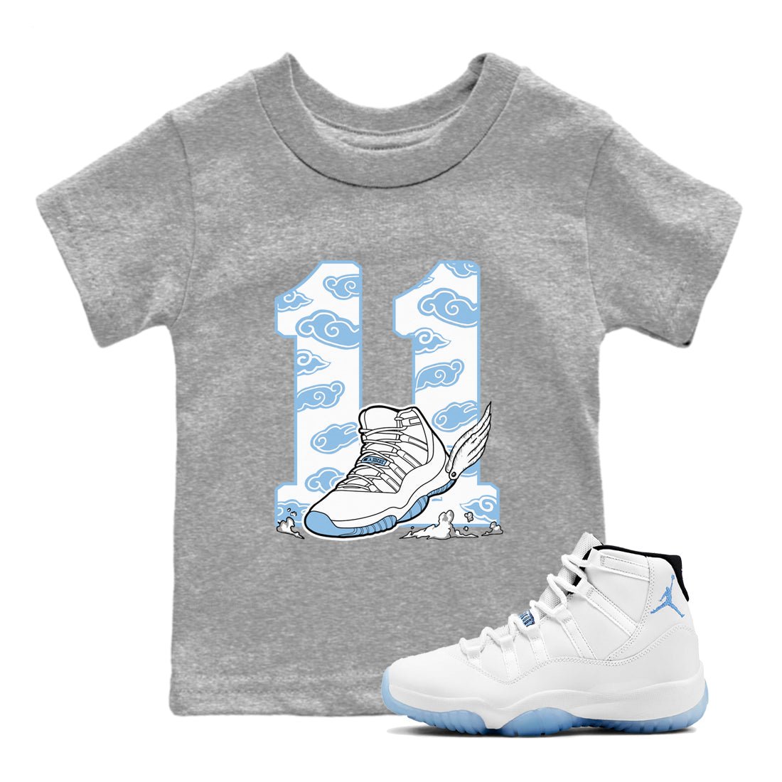 11s Legend Blue (Columbia) shirts to match jordans Fly To The Clouds sneaker match tees Air Jordan 11 Retro Legend Blue match shoes to clothes SNRT Sneaker Tees Youth Baby Heather Grey 1 tee