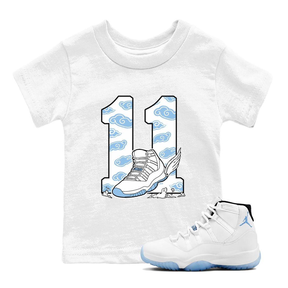 11s Legend Blue (Columbia) shirts to match jordans Fly To The Clouds sneaker match tees Air Jordan 11 Retro Legend Blue match shoes to clothes SNRT Sneaker Tees Youth Baby White 1 tee