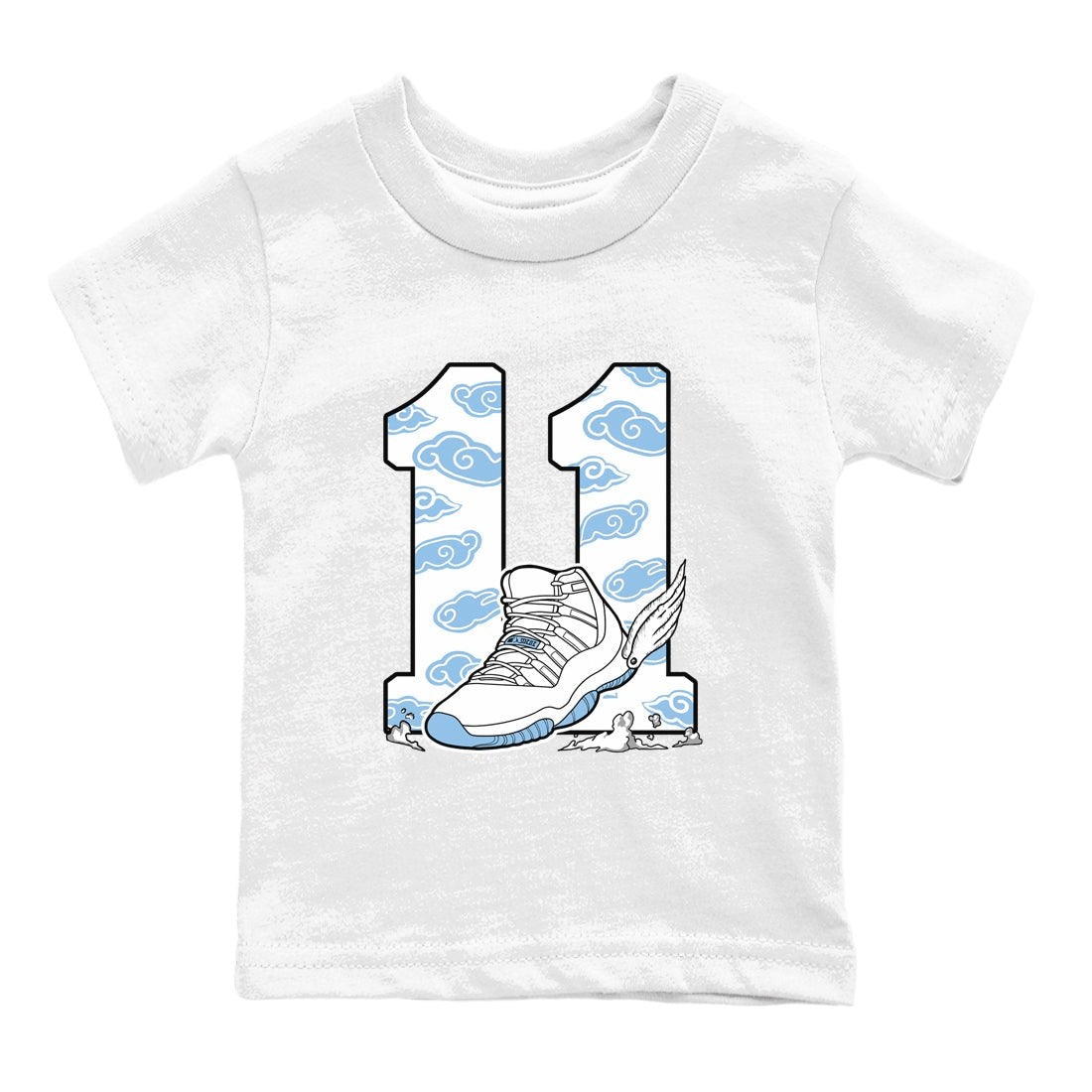11s Legend Blue (Columbia) shirts to match jordans Fly To The Clouds sneaker match tees Air Jordan 11 Retro Legend Blue match shoes to clothes SNRT Sneaker Tees Youth Baby White 2 tee