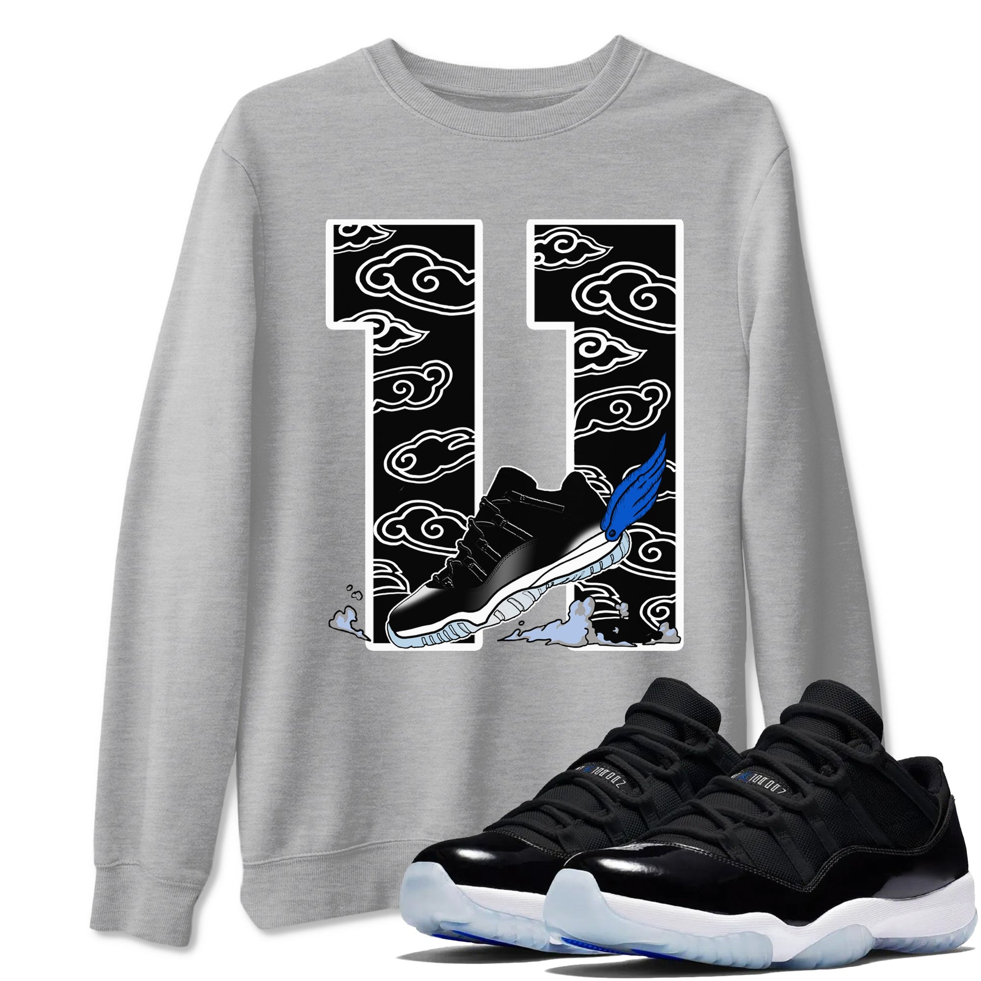 11s Low Space shirt to match jordans Fly To The Clouds sneaker tees Air Jordan 11 Low Space SNRT Sneaker Release Tees unisex cotton Heather Grey 1 crew neck shirt