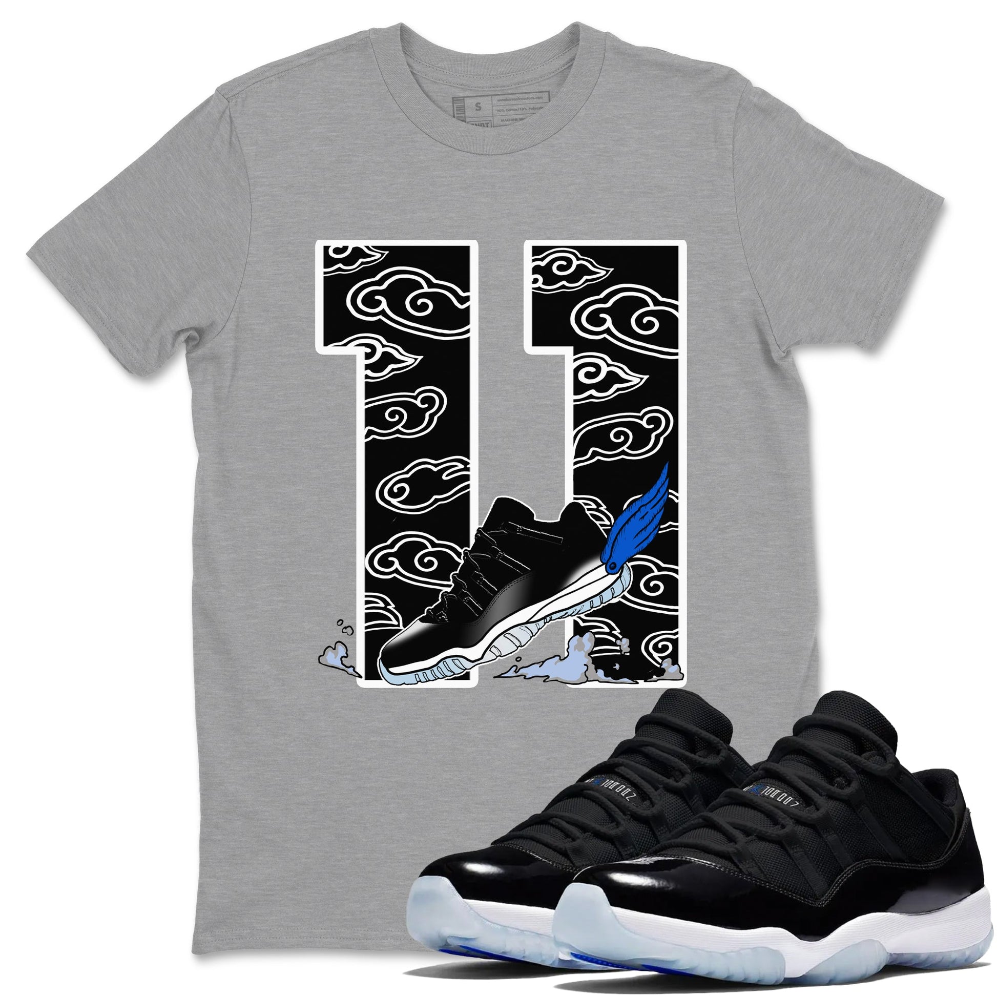 11s Low Space shirt to match jordans Fly To The Clouds sneaker tees Air Jordan 11 Low Space SNRT Sneaker Release Tees unisex cotton Heather Grey 1 crew neck shirt