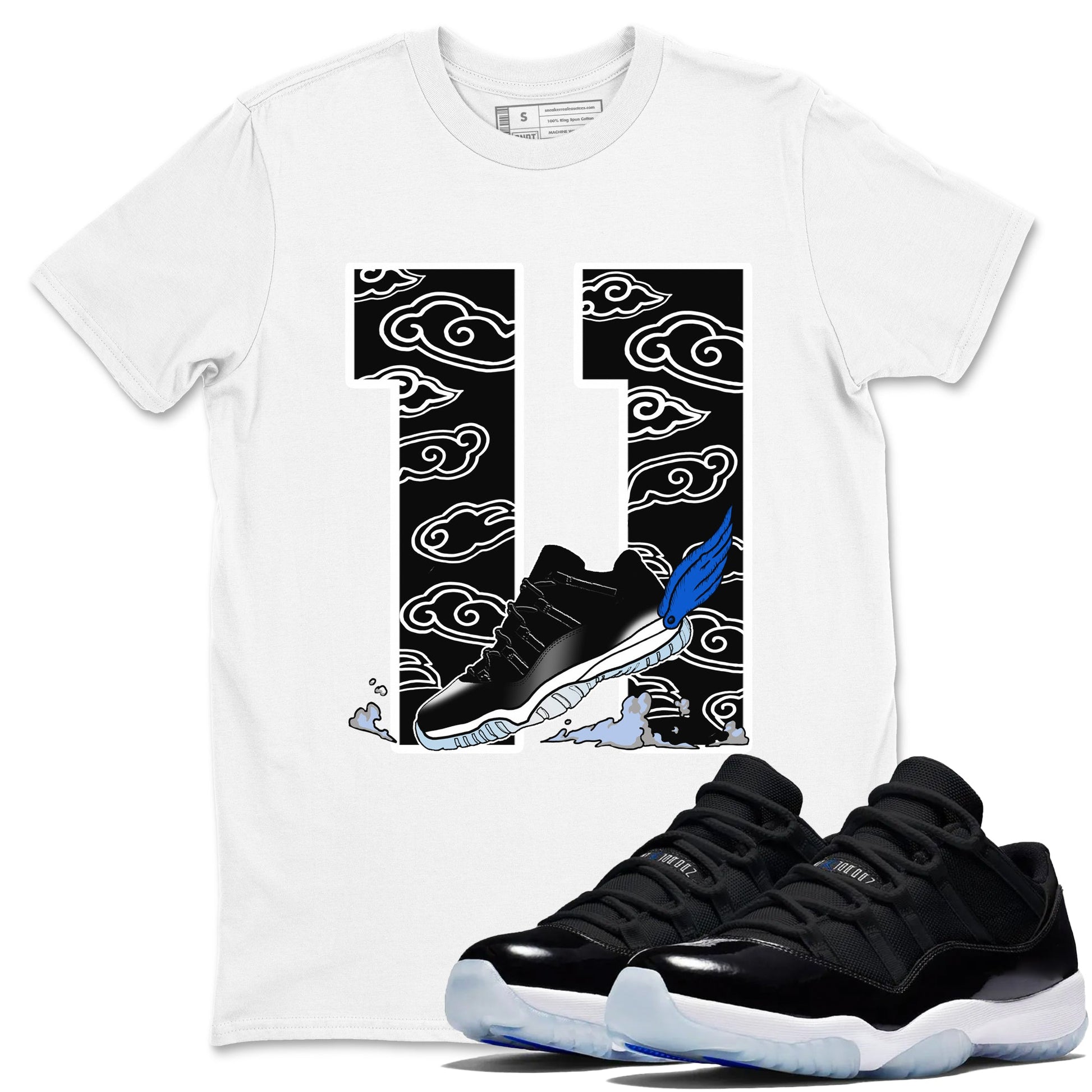11s Low Space shirt to match jordans Fly To The Clouds sneaker tees Air Jordan 11 Low Space SNRT Sneaker Release Tees unisex cotton White 1 crew neck shirt