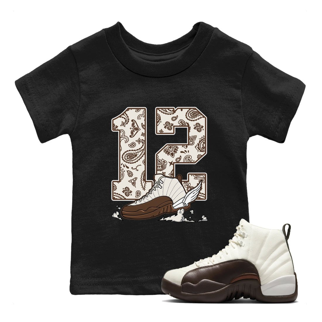 AJ12 Baroque Brown shirts to match jordans Fly To The Clouds best t shirts to wear with jordans SoleFly x Jordan 12 Baroque Brown match shoes to clothes SNRT Sneaker Tees Youth Baby Black 1 tee