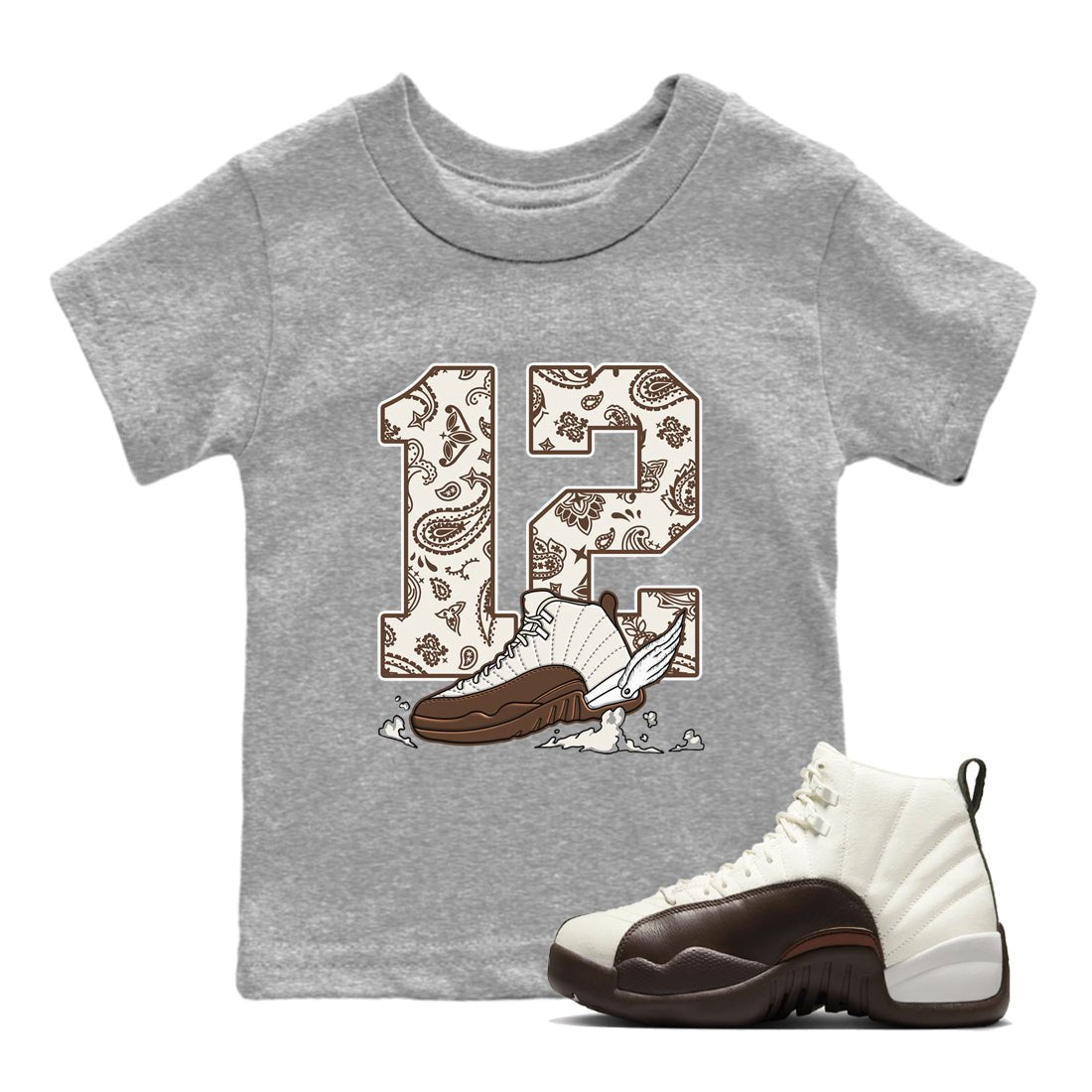 AJ12 Baroque Brown shirts to match jordans Fly To The Clouds best t shirts to wear with jordans SoleFly x Jordan 12 Baroque Brown match shoes to clothes SNRT Sneaker Tees Youth Baby Heather Grey 1 tee