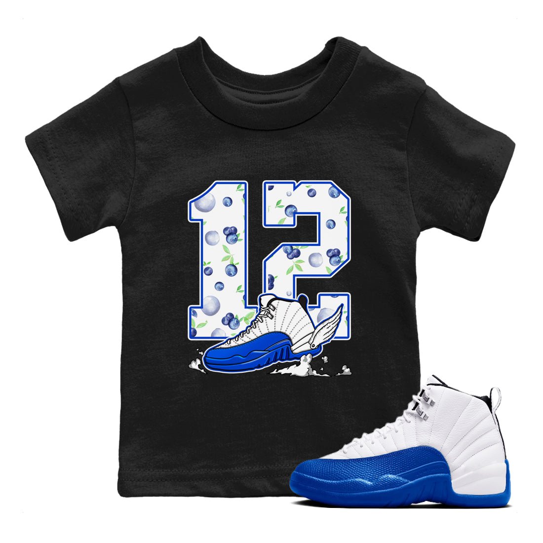 12s Blueberry shirts to match jordans Fly To The Clouds best t shirts to wear with jordans AJ12 White & Game Royal match shoes to clothes SNRT Sneaker Tees Youth Baby Black 1 tee