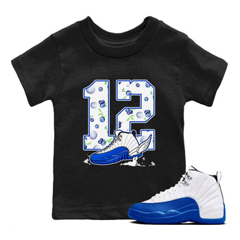 12s Blueberry shirts to match jordans Fly To The Clouds best t shirts to wear with jordans AJ12 White & Game Royal match shoes to clothes SNRT Sneaker Tees Youth Baby Black 1 tee