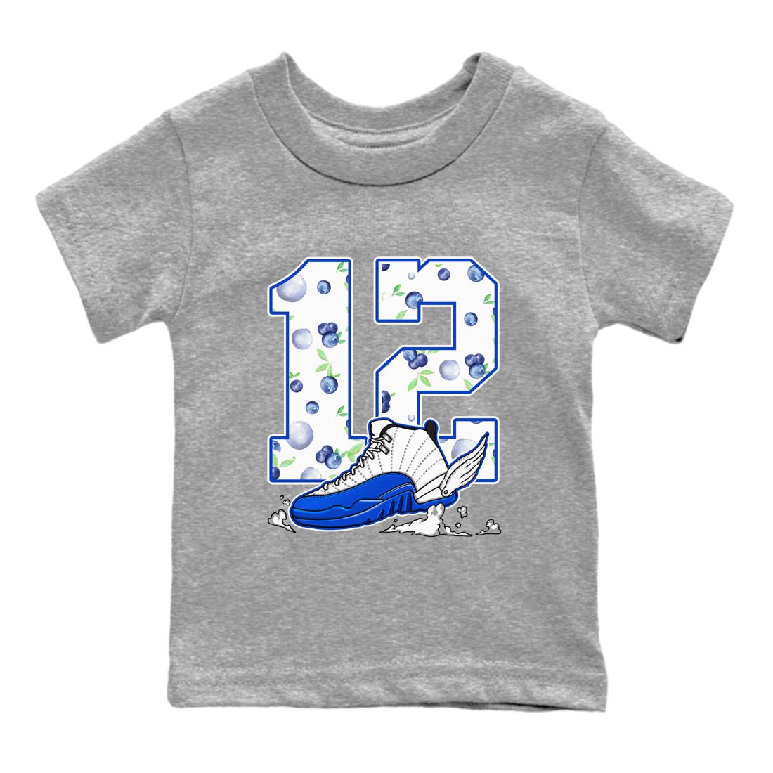 12s Blueberry shirts to match jordans Fly To The Clouds best t shirts to wear with jordans AJ12 White & Game Royal match shoes to clothes SNRT Sneaker Tees Youth Baby Heather Grey 2 tee