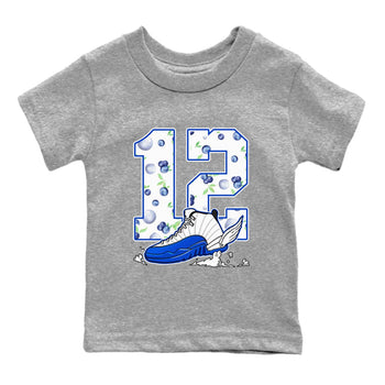 12s Blueberry shirts to match jordans Fly To The Clouds best t shirts to wear with jordans AJ12 White & Game Royal match shoes to clothes SNRT Sneaker Tees Youth Baby Heather Grey 2 tee