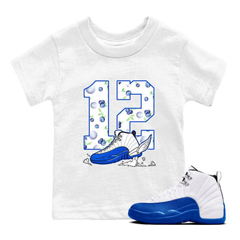 12s Blueberry shirts to match jordans Fly To The Clouds best t shirts to wear with jordans AJ12 White & Game Royal match shoes to clothes SNRT Sneaker Tees Youth Baby White 1 tee